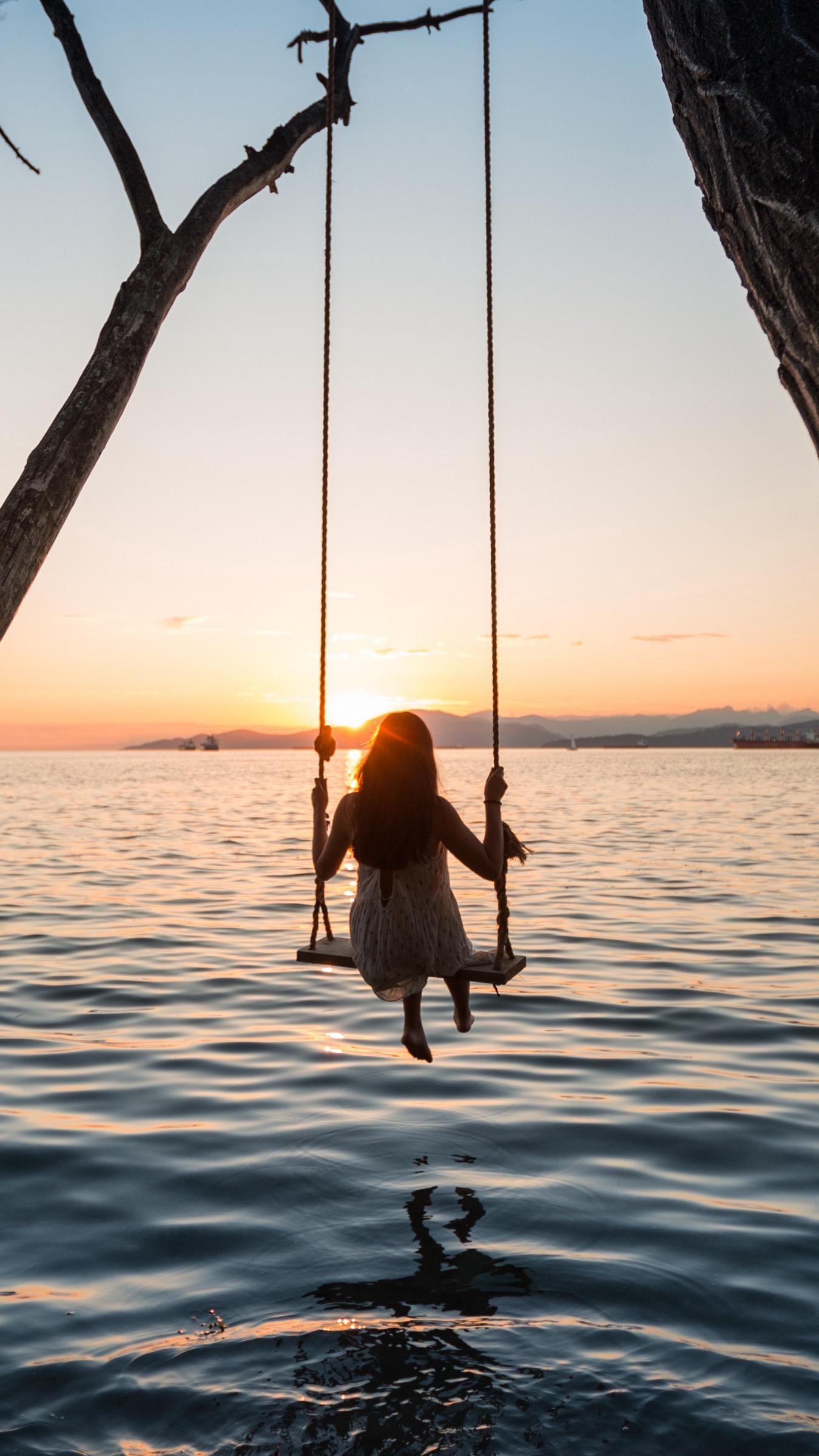 1350x2400 Wallpaper Swing, Girl, Sunset, Lake, River On Swing Sunset
