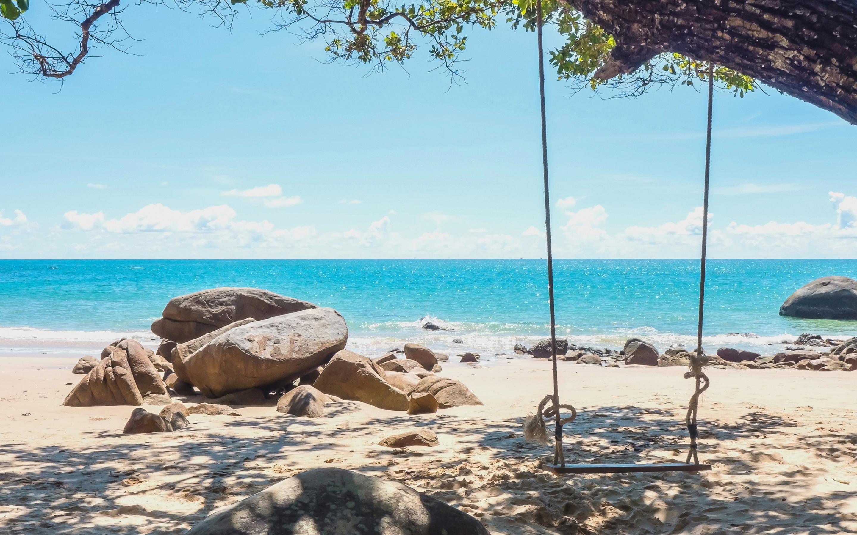 2880x1800 Download wallpaper summer, tropical island, beach, ocean, swing on the shore, coast, summer travel for desktop with resolution 2880x1800. High Quality HD picture wallpaper