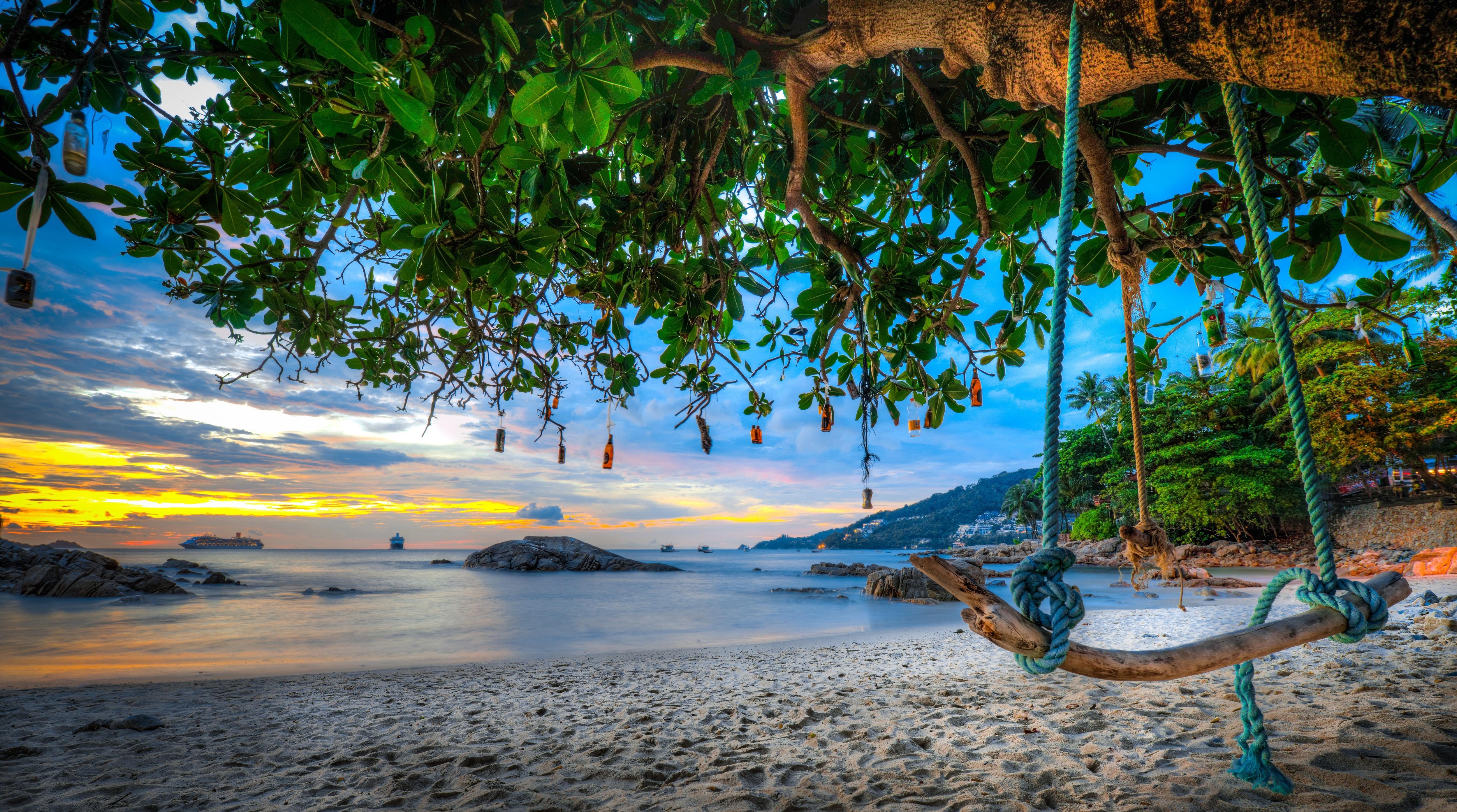 5000x2786 4K, 5K, Phuket, Andaman Sea, Thailand, Sea, Beach, Trees, Swing, HDR, Branches. Mocah HD Wallpaper