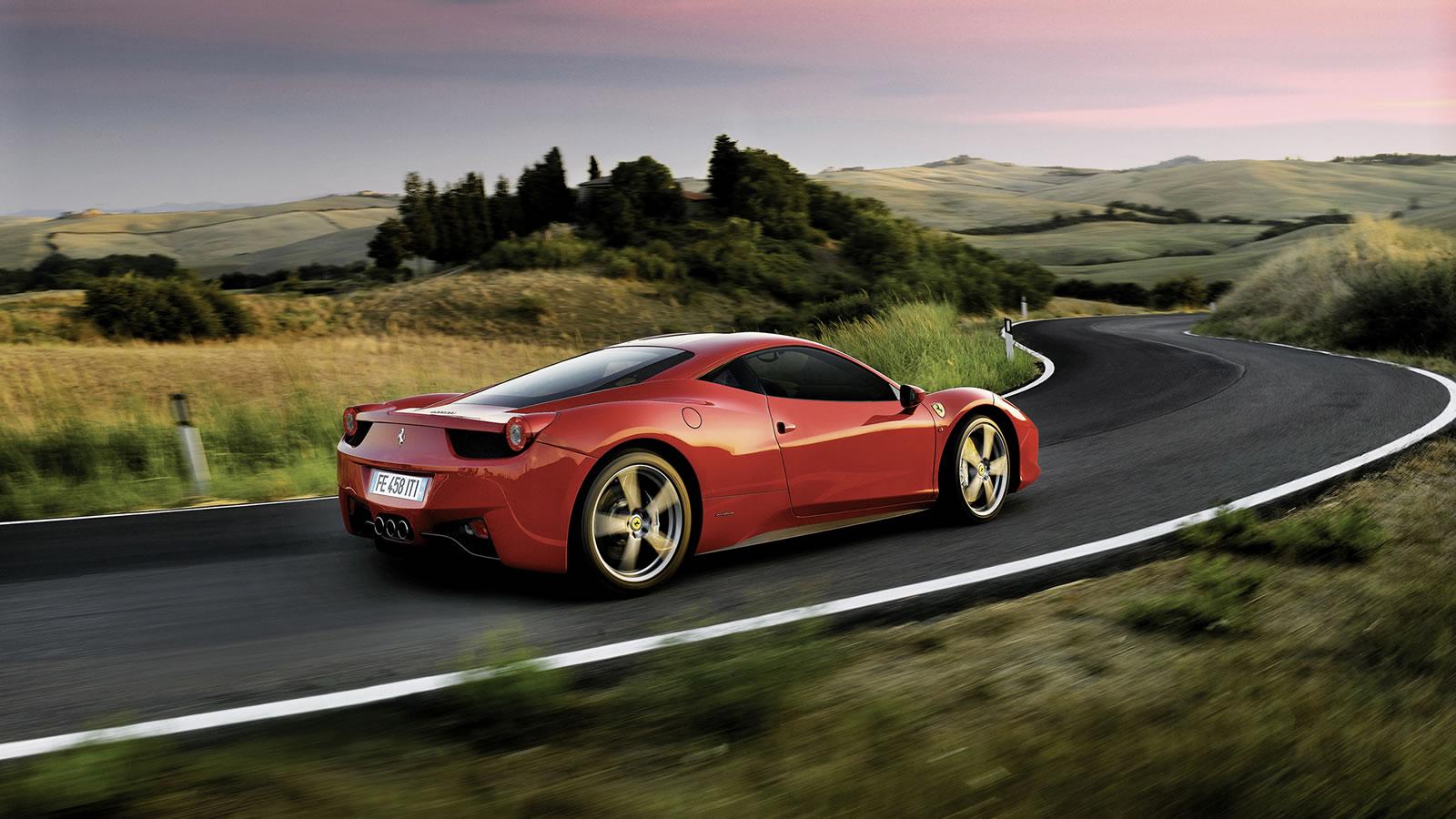 1600x900 Ferrari 458 Italia Wallpaper x Scuderia Rosso color (red), rear three quarters, Tuscany road