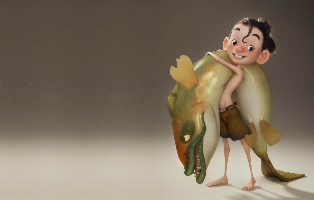 1332x850 Wallpaper mood, minimalism, fish, art, mining, children's, kid, catch, boy, Mark Lee, A big one! image for desktop, section рендеринг