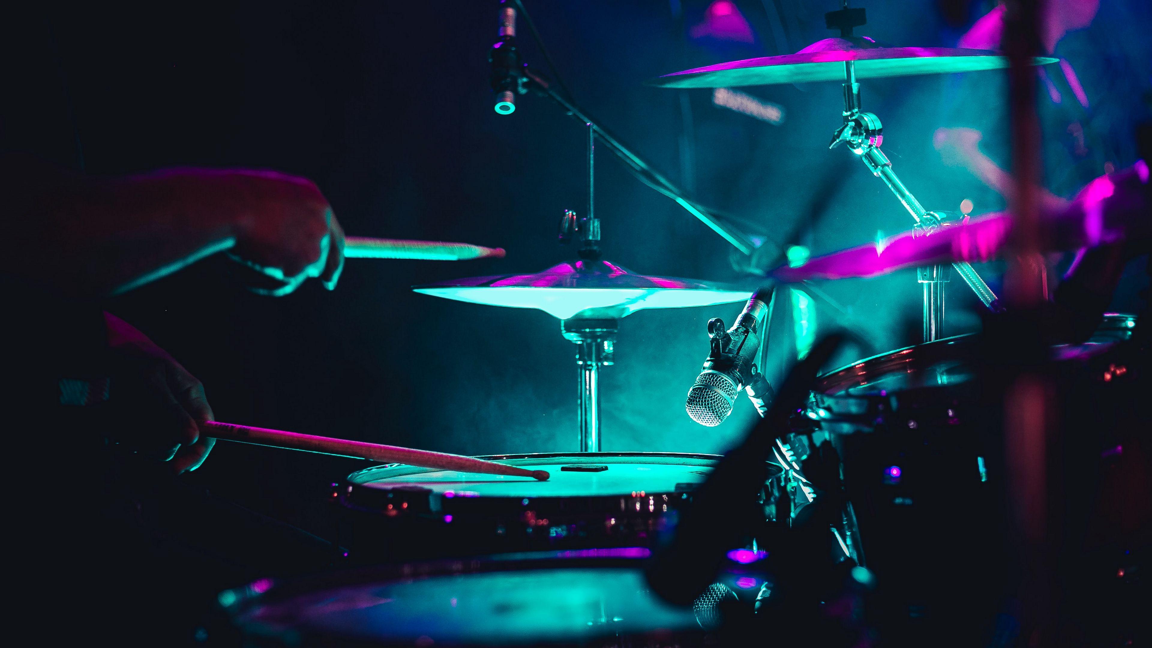 3840x2160 Download wallpaper 3840x2160 drum, instrument, neon, dark 4k uhd 16:9 HD background