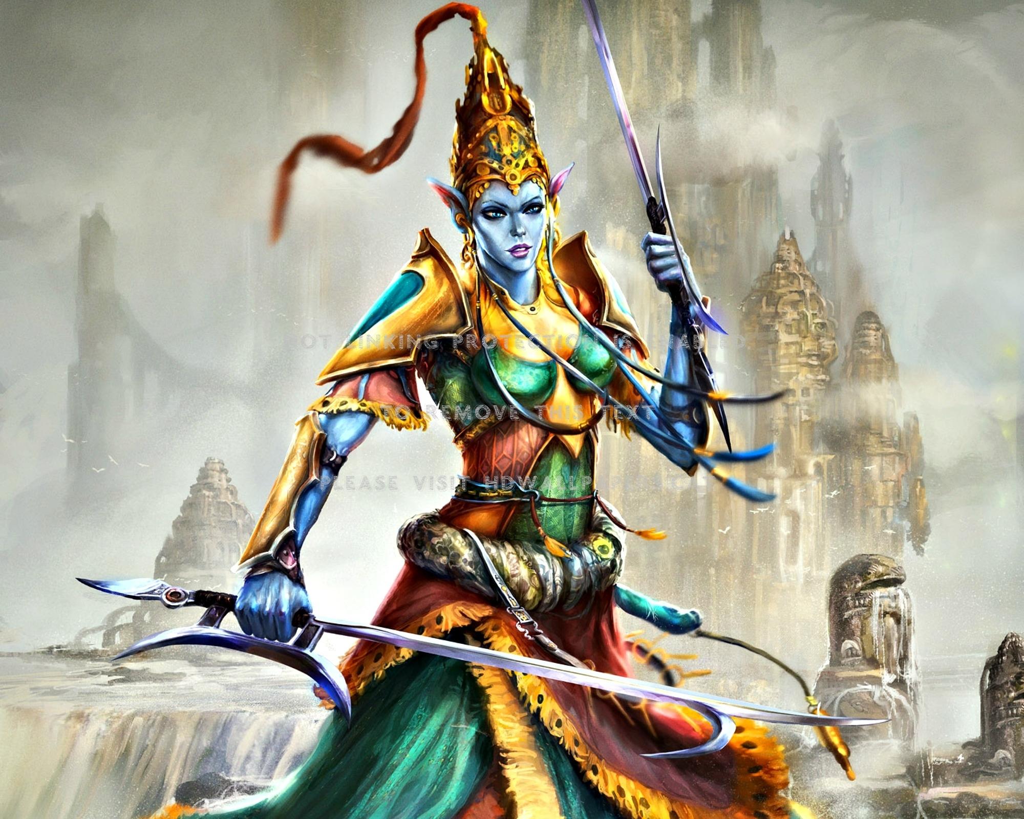 2000x1600 djinn tsabo6 blue sword yellow orange woman