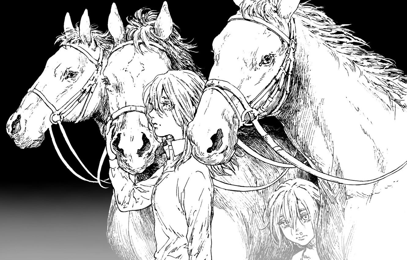 1332x850 Wallpaper girl, game, long hair, woman, anime, horses, animal, horse, asian, manga, japanese, oriental, asiatic, Attack on Titan, Shingeki no Kyojin, shounen image for desktop, section сёнэн