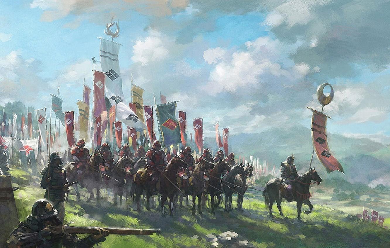 1332x850 Wallpaper clouds, Japan, army, armor, flags, riders, peaks, samurai image for desktop, section живопись