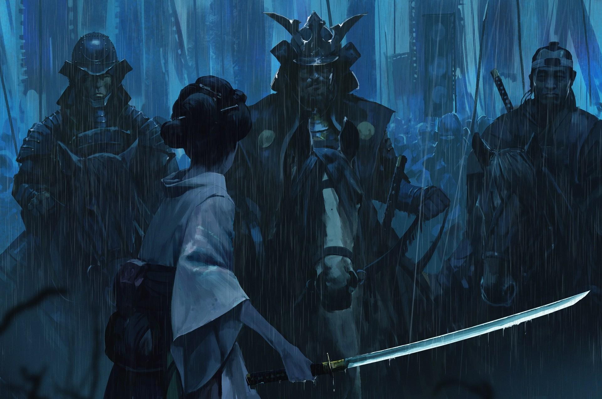 1920x1273 Katana Samurai Army Geisha Rain Armor Banner Weapon Japan Horse Digital Art Artwork Blue Wallpaper:1920x1273