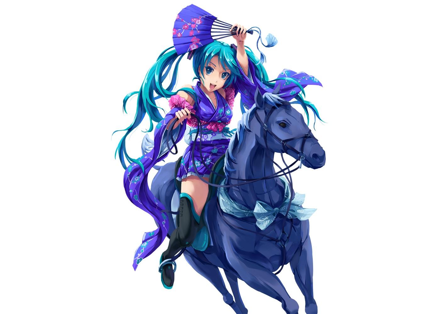 1400x1000 animal aqua eyes aqua hair boots hatsune miku horse japanese clothes long hair pixco thighhighs twintails vocaloid white. konachan.com.com Anime Wallpaper