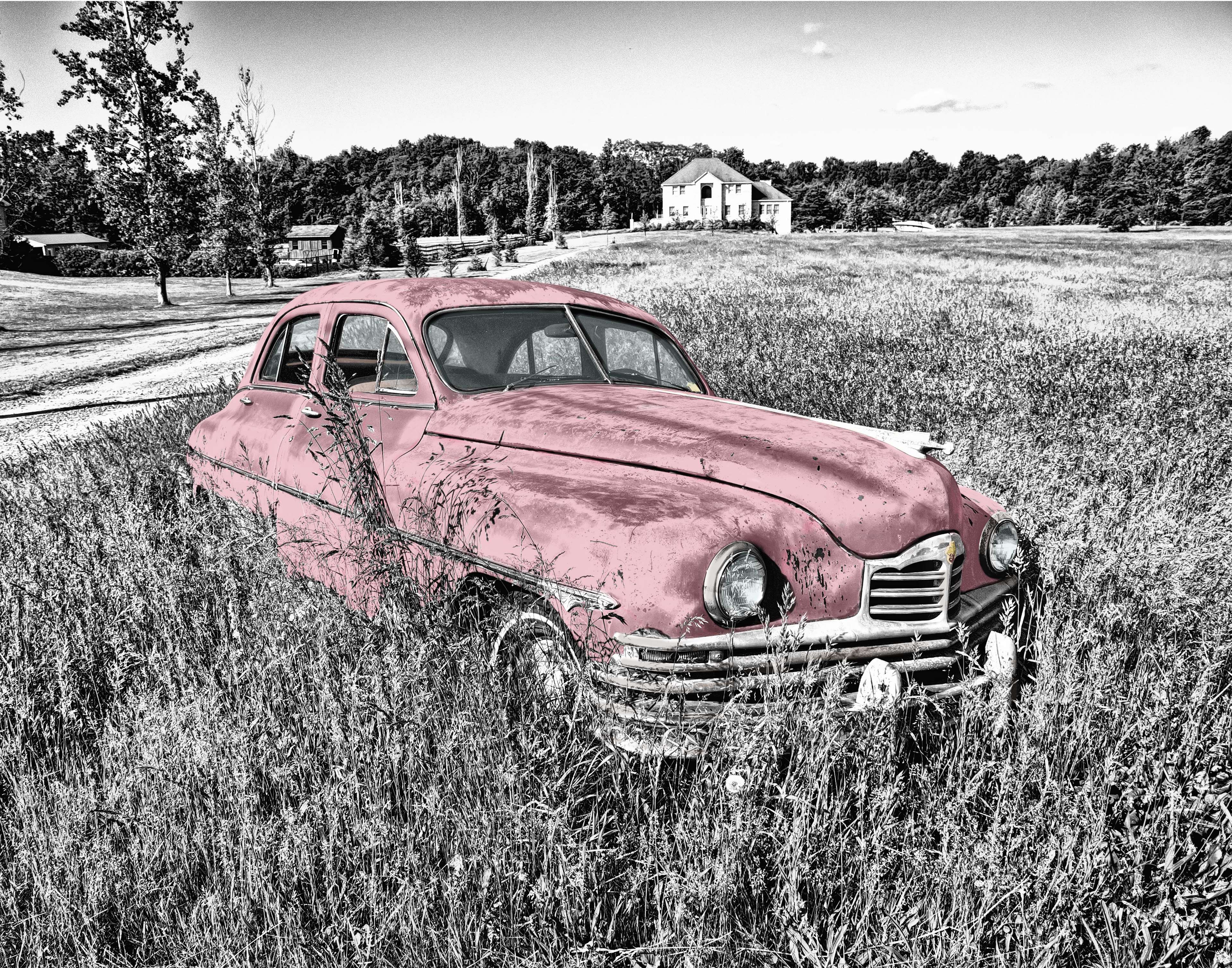 3840x3017 black and white, bonnet, car, engine hood, grass, hdr, headlight, old, oldtimer, pink, radiator bonnet, royalty free, vintage 4k wallpaper