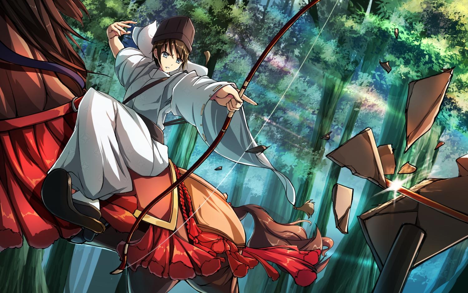 1500x938 all male animal bow (weapon) brown hair forest gray eyes hat horse japanese clothes male original riburanomind short hair sport tree weapon. konachan.com.com Anime Wallpaper
