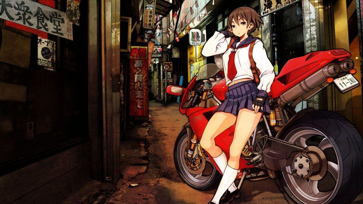 1244x700 Anime girl street school uniform short hair motorcycle wallpaperx1080