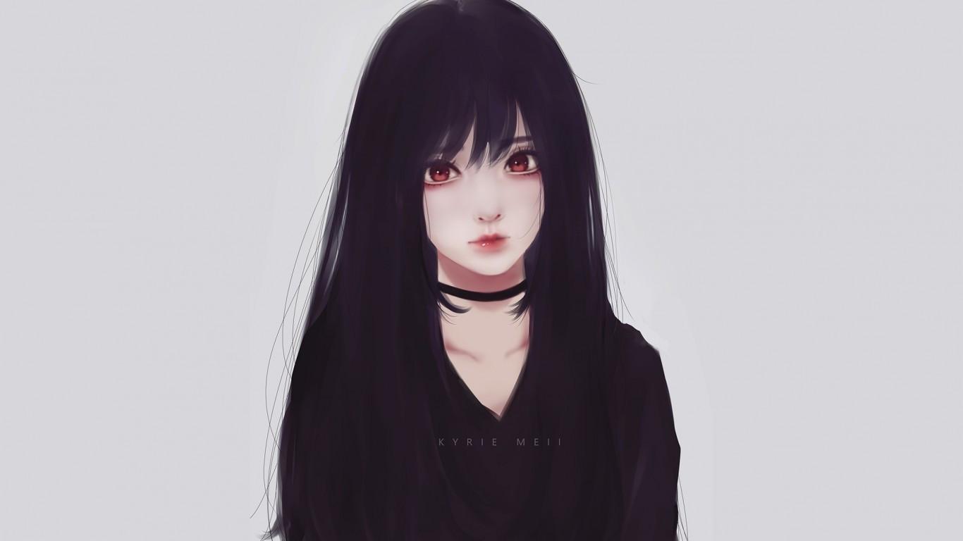 1366x768 Download 1366x768 Realistic Anime Girl, Black Hair, Attractive, Beautiful, Red Eyes Wallpaper for Laptop, Notebook