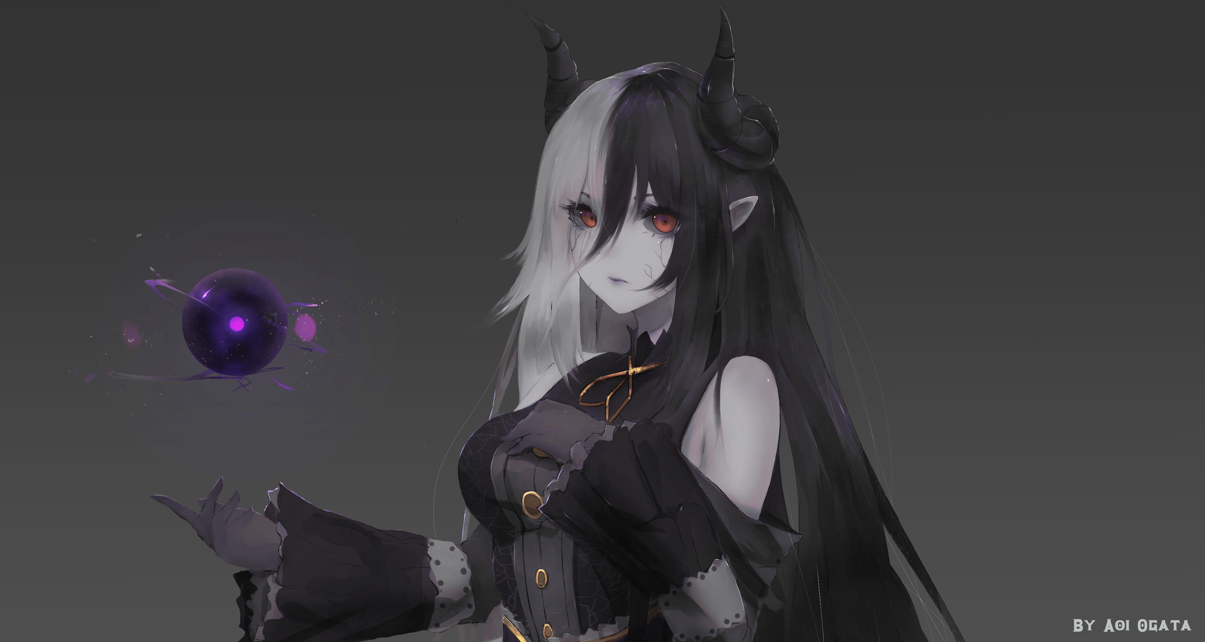 4000x2132 Black Hair, Red Eyes, Horns, Girl wallpaper. Mocah HD Wallpaper
