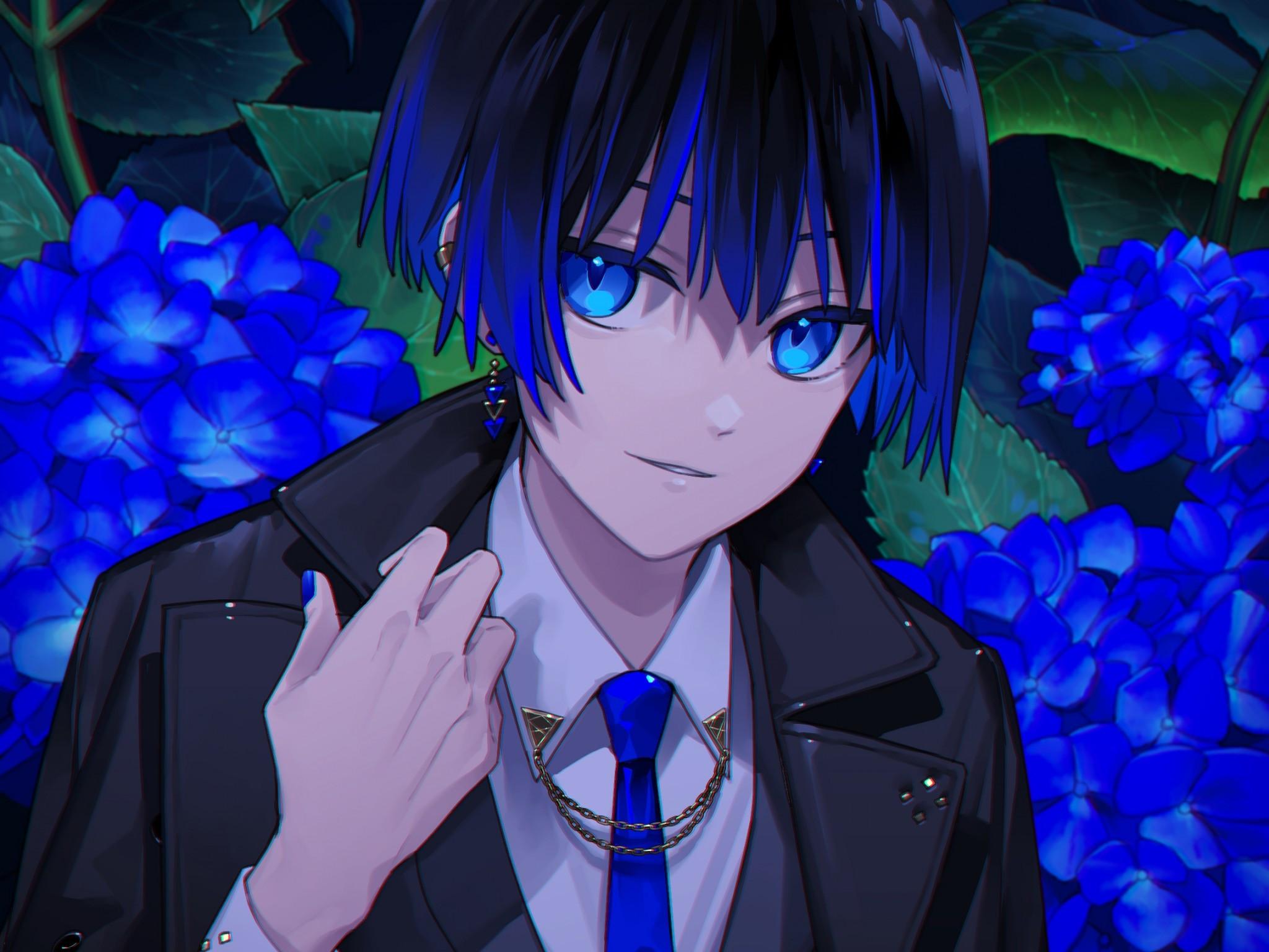 Cute Anime Boy with Blue Hair and Neko Features - wide 1