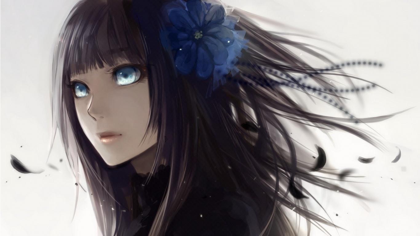1366x768 Anime Girl With Black Hair And Blue Eyes Wallpaper
