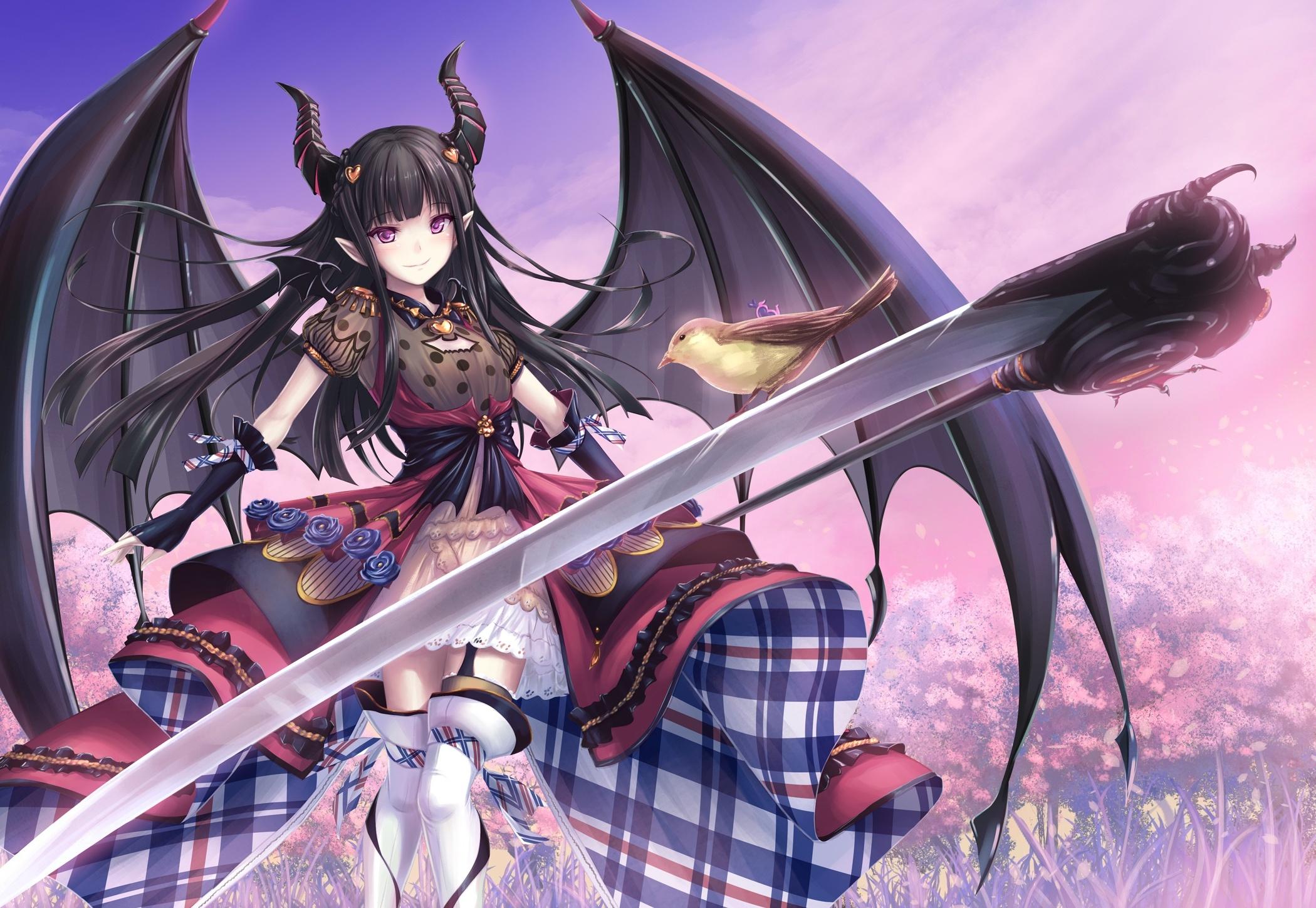 2100x1450 Wallpaper Bird, Anime Girl, Horns, Black Wings, Lolita, Devil, Black Hair:2100x1450