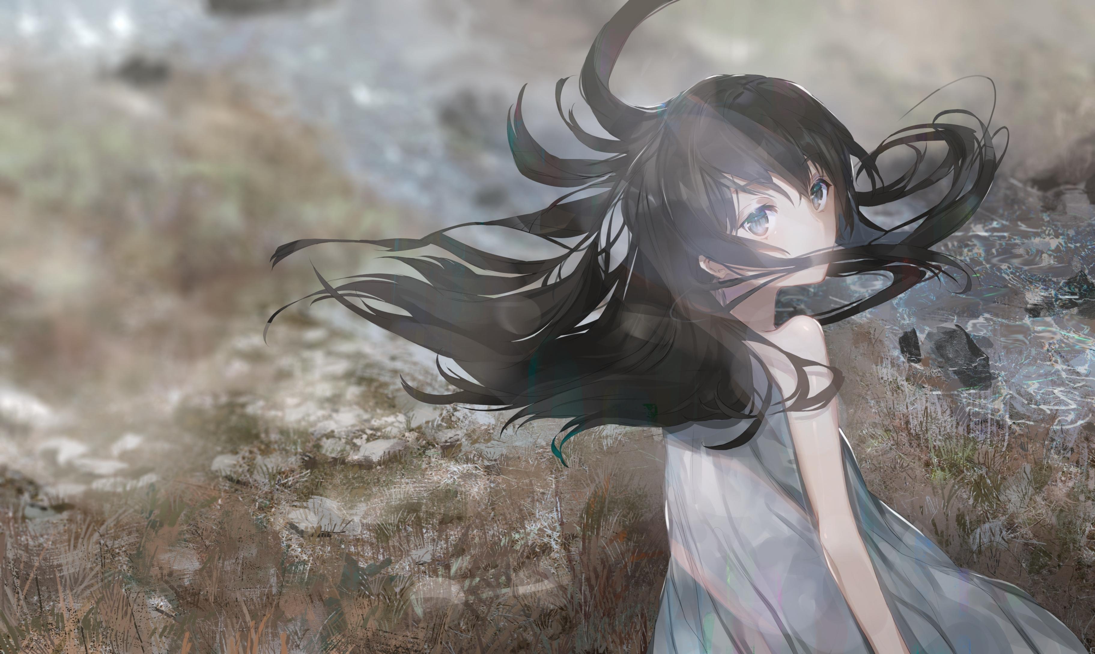 3646x2178 Wallpaper Field, Wind, Anime Girl, White Dress, Scenic, Black Hair:3646x2178