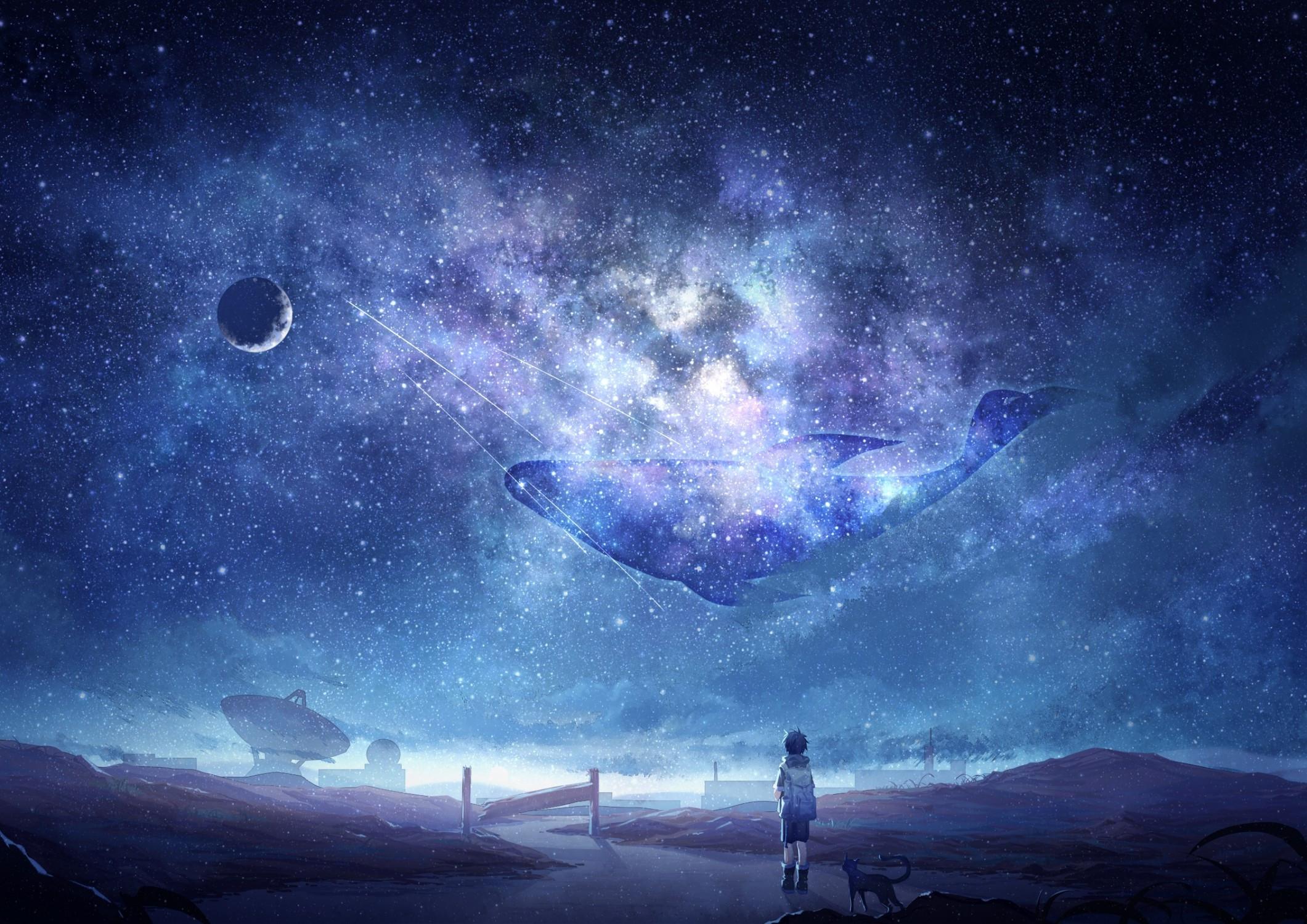 2121x1500 Download 2121x1500 Anime Sky, Milky Way, Stars, Anime Boy, Dog, Moon, Whale, Galaxy Wallpaper