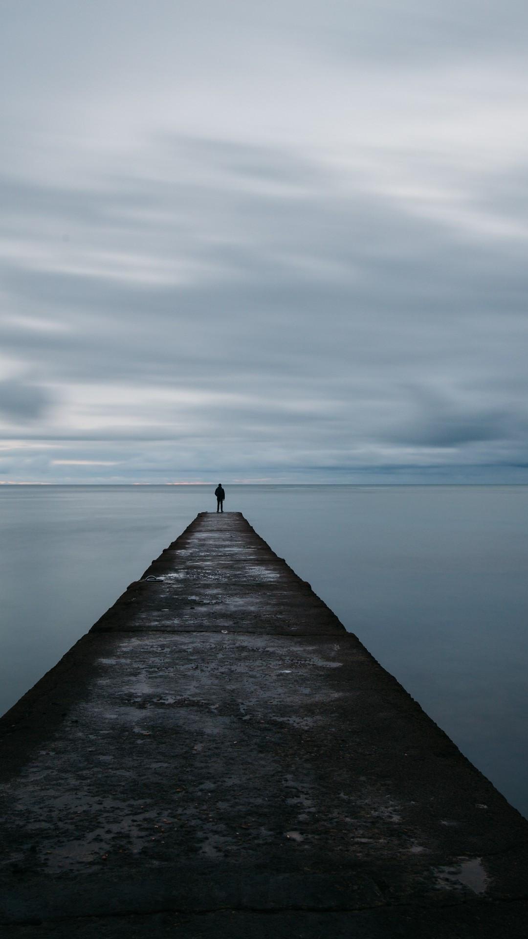 1080x1920 Download 1080x1920 Man, Lonely, Pier, Horizon, Dark Clouds, Sea Wallpaper for iPhone iPhone 7 Plus, iPhone 6+, Sony Xperia Z, HTC One