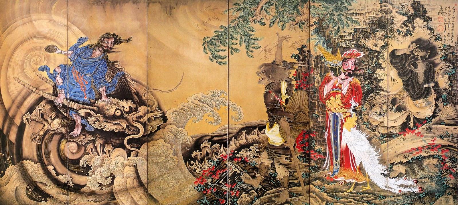 1600x719 oriental wallpaper, tapestry, art, painting, textile, mythology