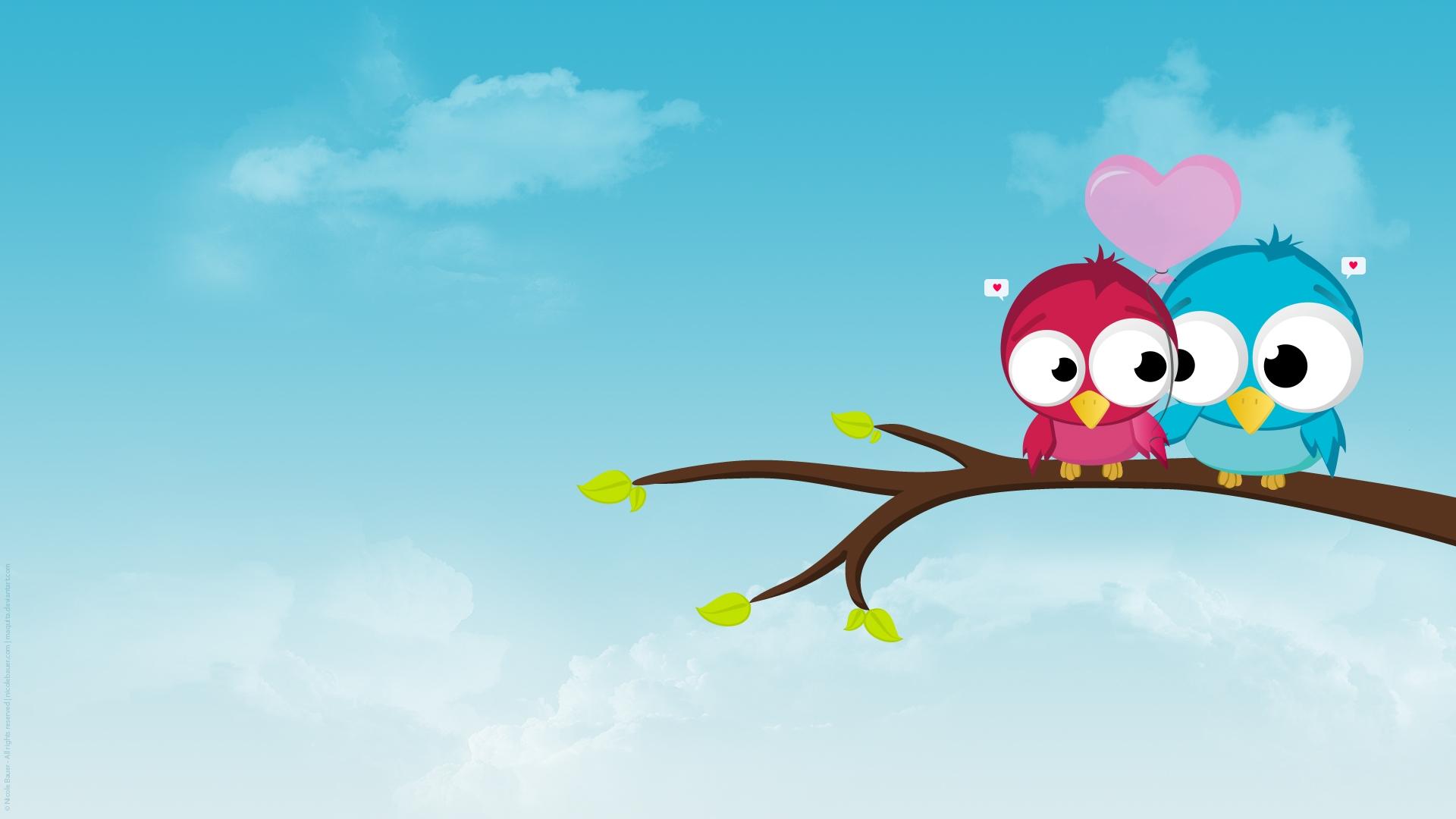 1920x1080 pink, love hearts, sky, clouds, blue, birds