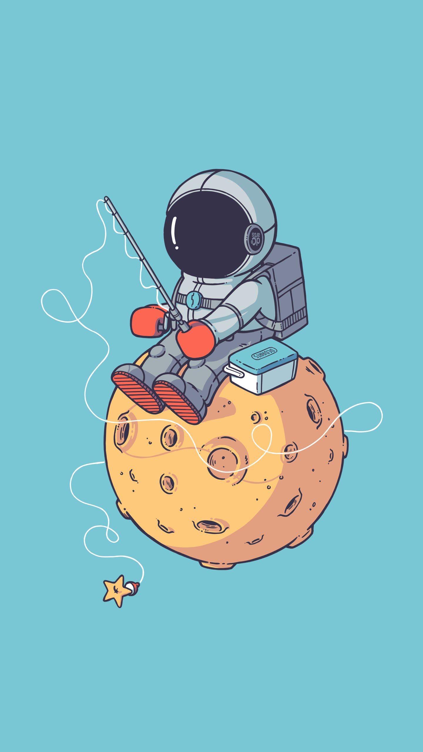 1440x2560 astronaut, vertical, digital art, simple background, fishing rodx2560 Wallpaper. Cute cartoon wallpaper, Cartoon wallpaper, Astronaut wallpaper