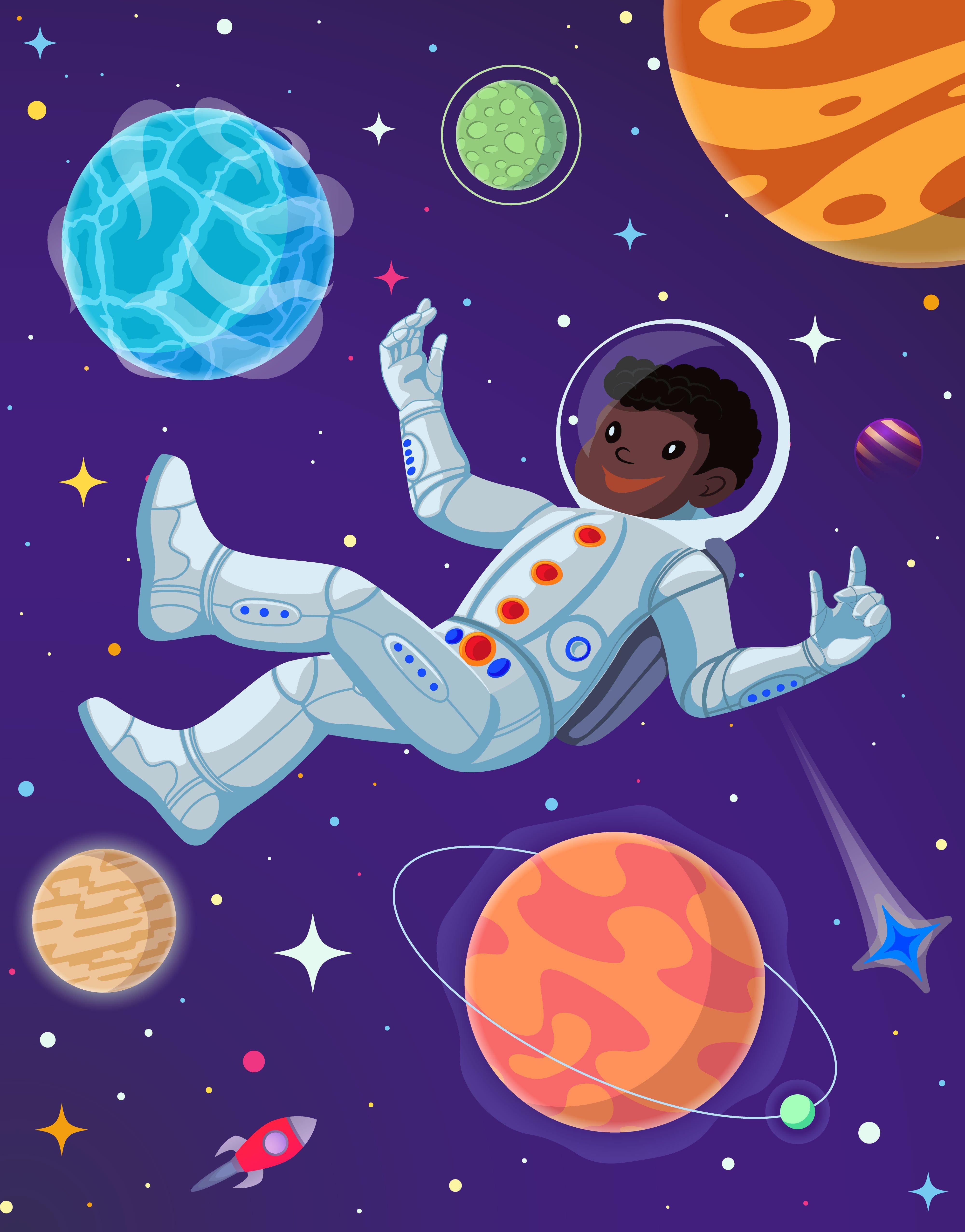 4000x5109 Spaceman at open space floating in antigravity. Vector cartoon illustration