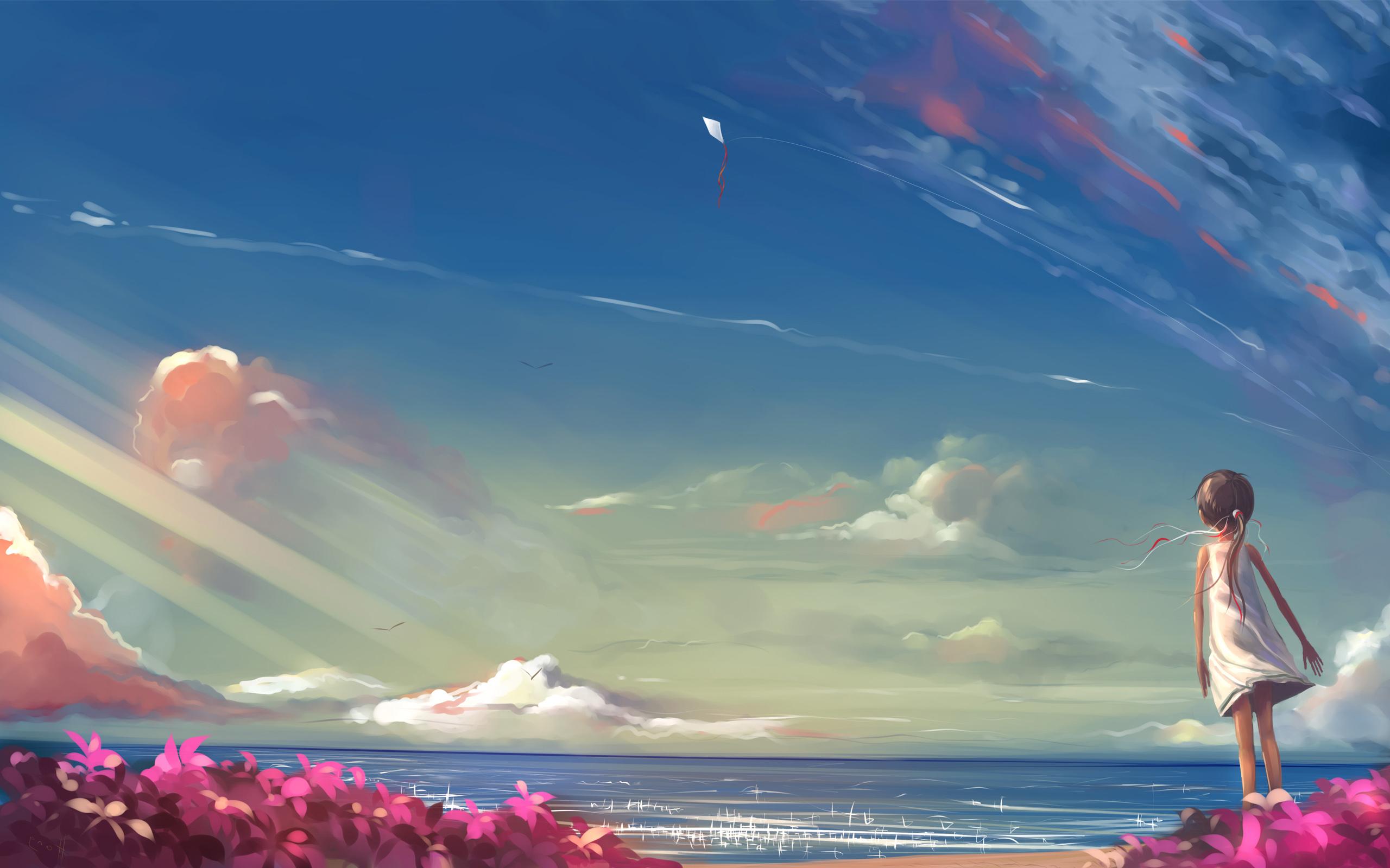 2560x1600 Girl beach fly a kite