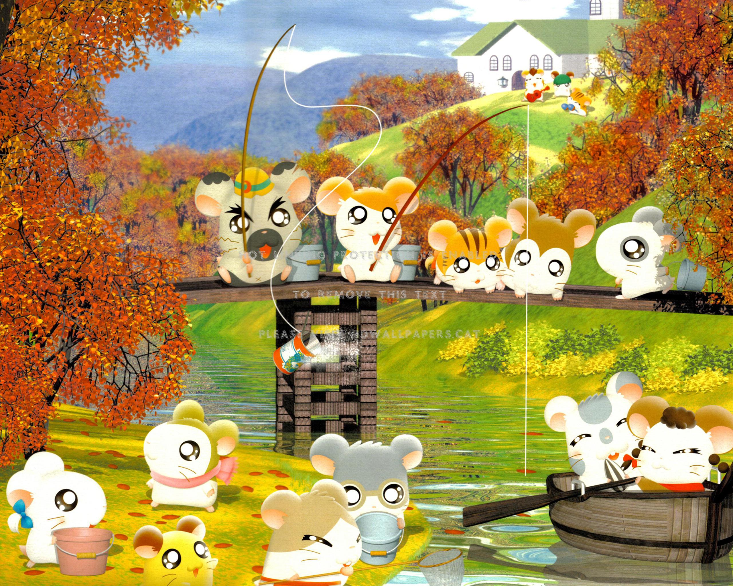 2560x2048 fishing hamster cartoon hamtaro anime