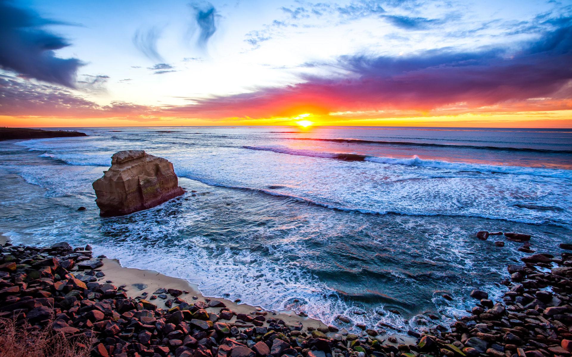 1920x1200 San Diego California Sunset Coast Stones Sandy Beach Ocean Waves Orange Red Sky Clouds Horizon HD Wallpaper For Desktop Mobile Phones And Lapx2400 :
