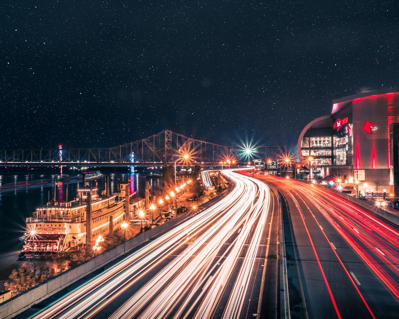1280x1024 Download wallpaper 1280x1024 night city, road, city lights, long exposure standard 5:4 HD background