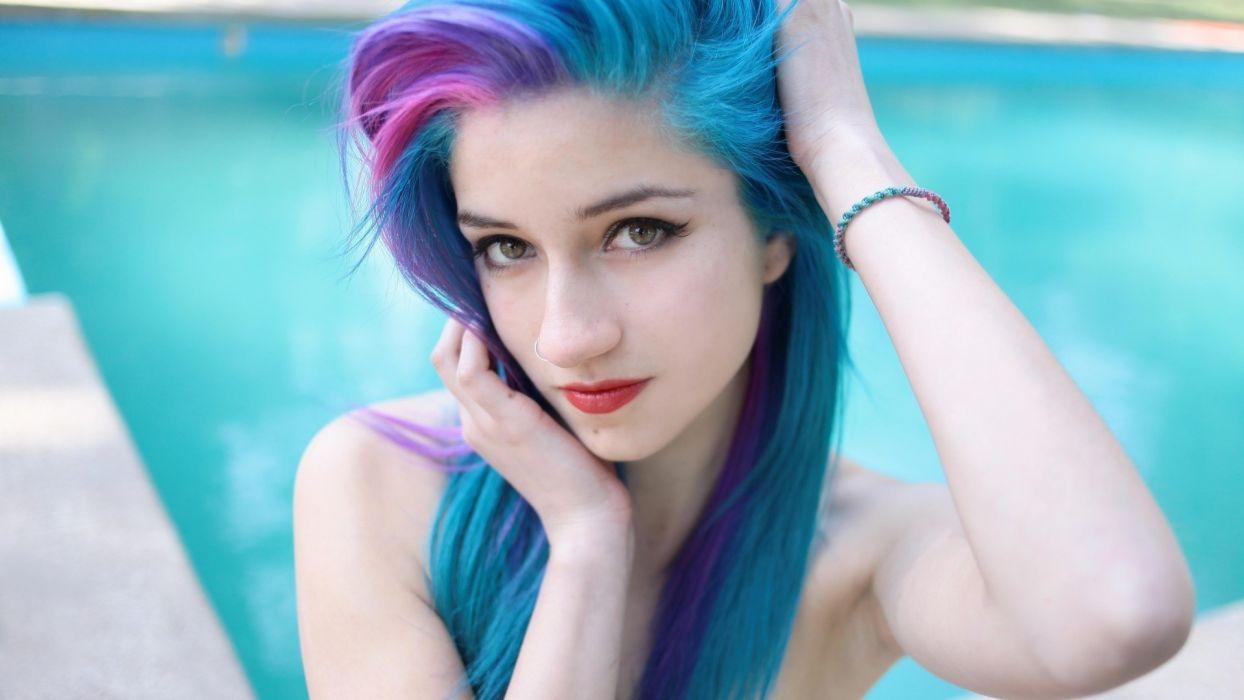 1244x700 Sensuality Sensual Girl Woman Model Tattoo Face Blue Hair Swimming Pool Fay Suicide Wallpaperx1080