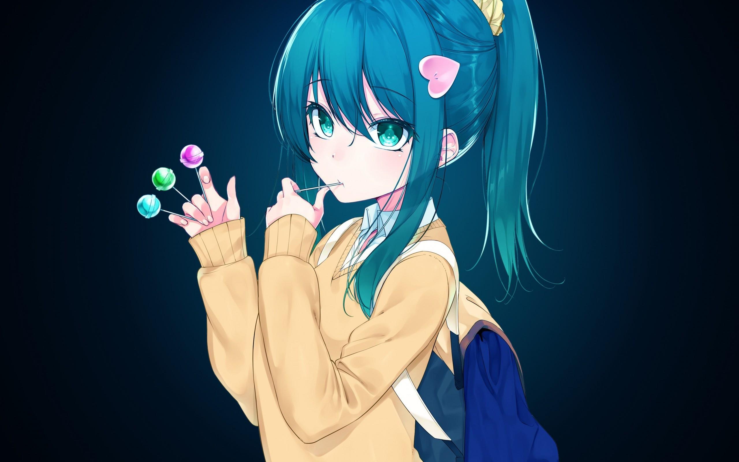 2560x1600 Download 2560x1600 Anime Girl, Candies, Blue Hair, School Uniform Wallpaper for MacBook Pro 13 inch