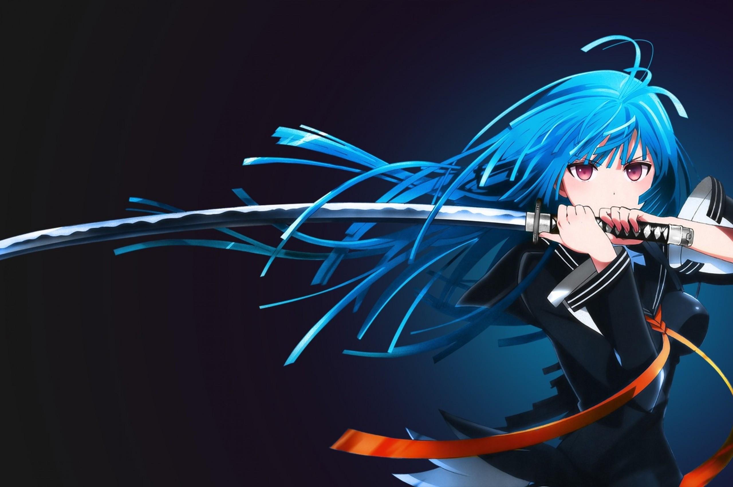 2560x1700 Download 2560x1700 Anime Girl, Katana, Blue Hair Wallpaper for Chromebook Pixel