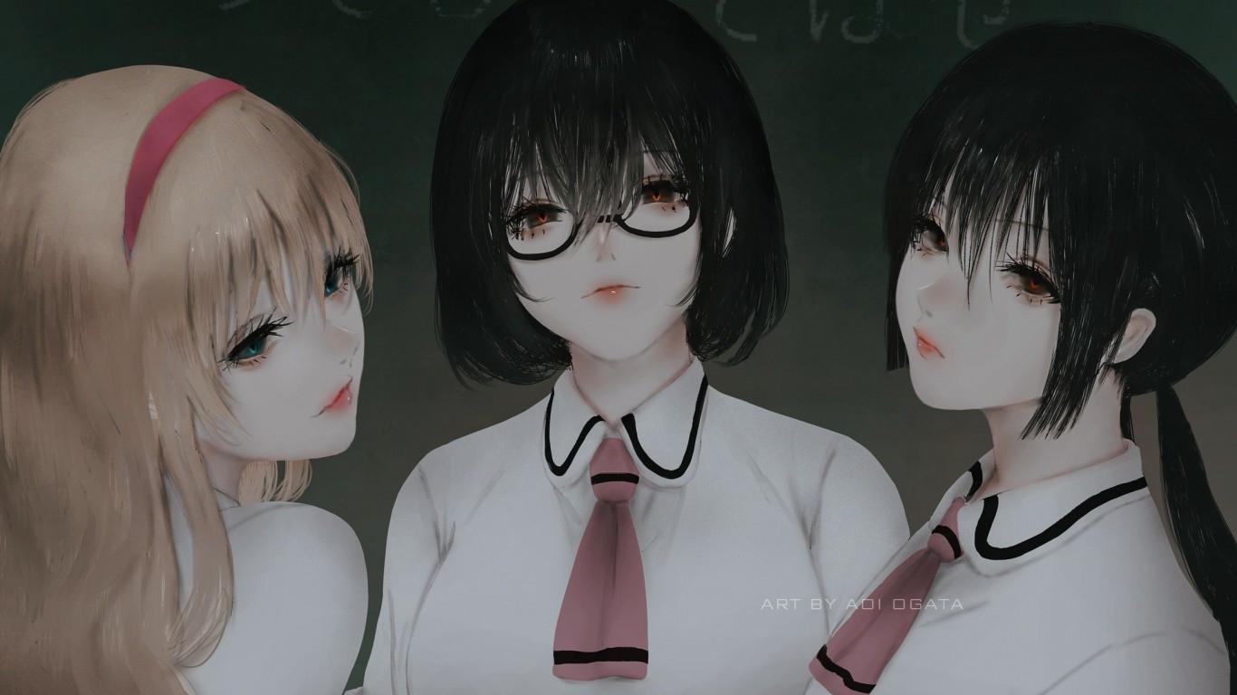 1366x768 Download 1366x768 Nomura Kasumi, Honda Hanako, Olivia, Asobi Asobase, Meganekko, Semi Realistic, School Uniform Wallpaper for Laptop, Notebook