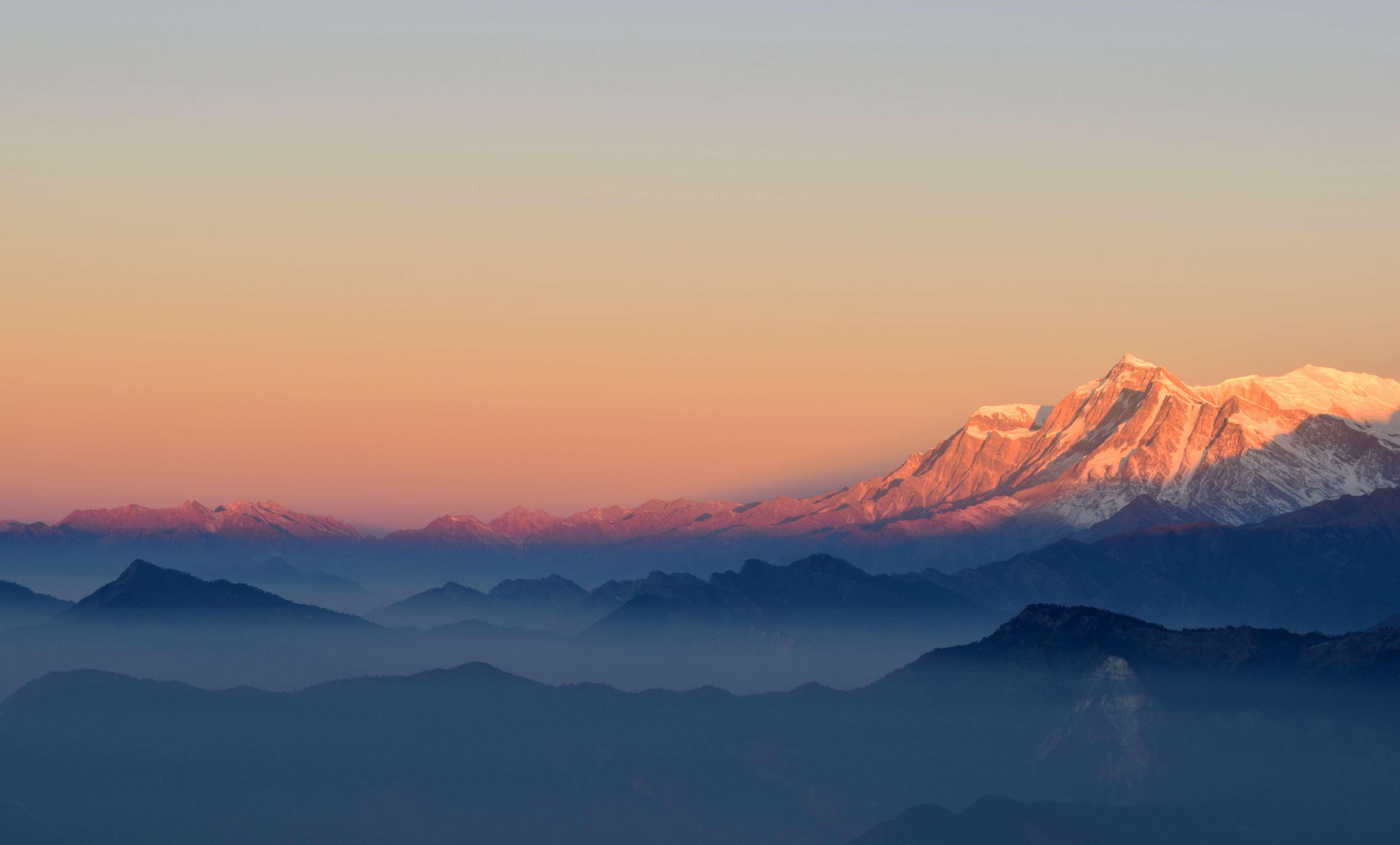 3840x2319 fog, himalayas, landscape, mountains, scenery, sunrise, travel 4k wallpaper