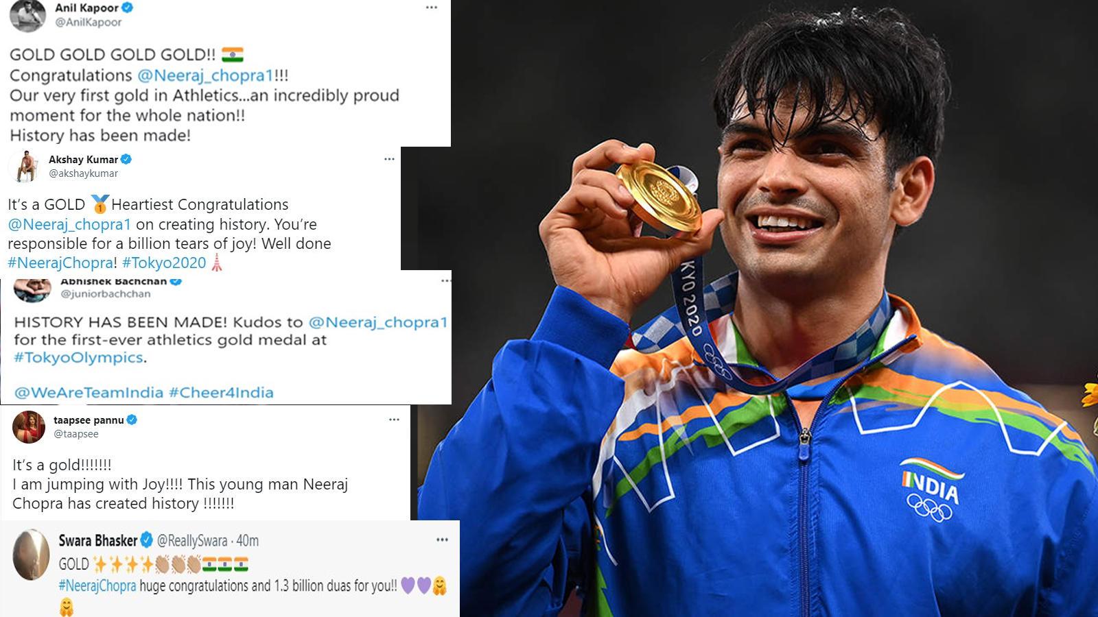 1600x900 As Neeraj Chopra Clinches Historic Gold At Tokyo Olympics, B Town Stars Akshay Kumar, Taapsee Pannu, Abhishek Bachchan, Swara Bhasker And Others Hail The 'Golden Boy'. Hindi Movie News