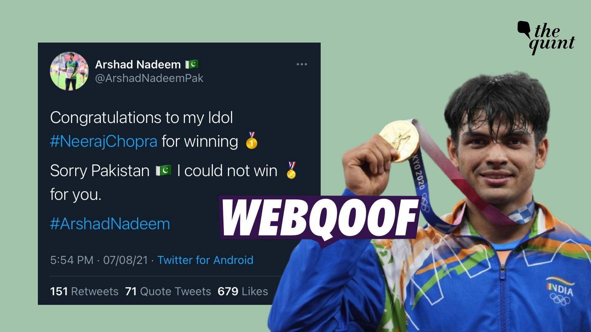 1920x1080 Fact Check Arshad Nadeem Congratulating Neeraj Chopra. News Outlets Fall For Arshad Nadeem's Fake Account Congratulating Neeraj Chopra