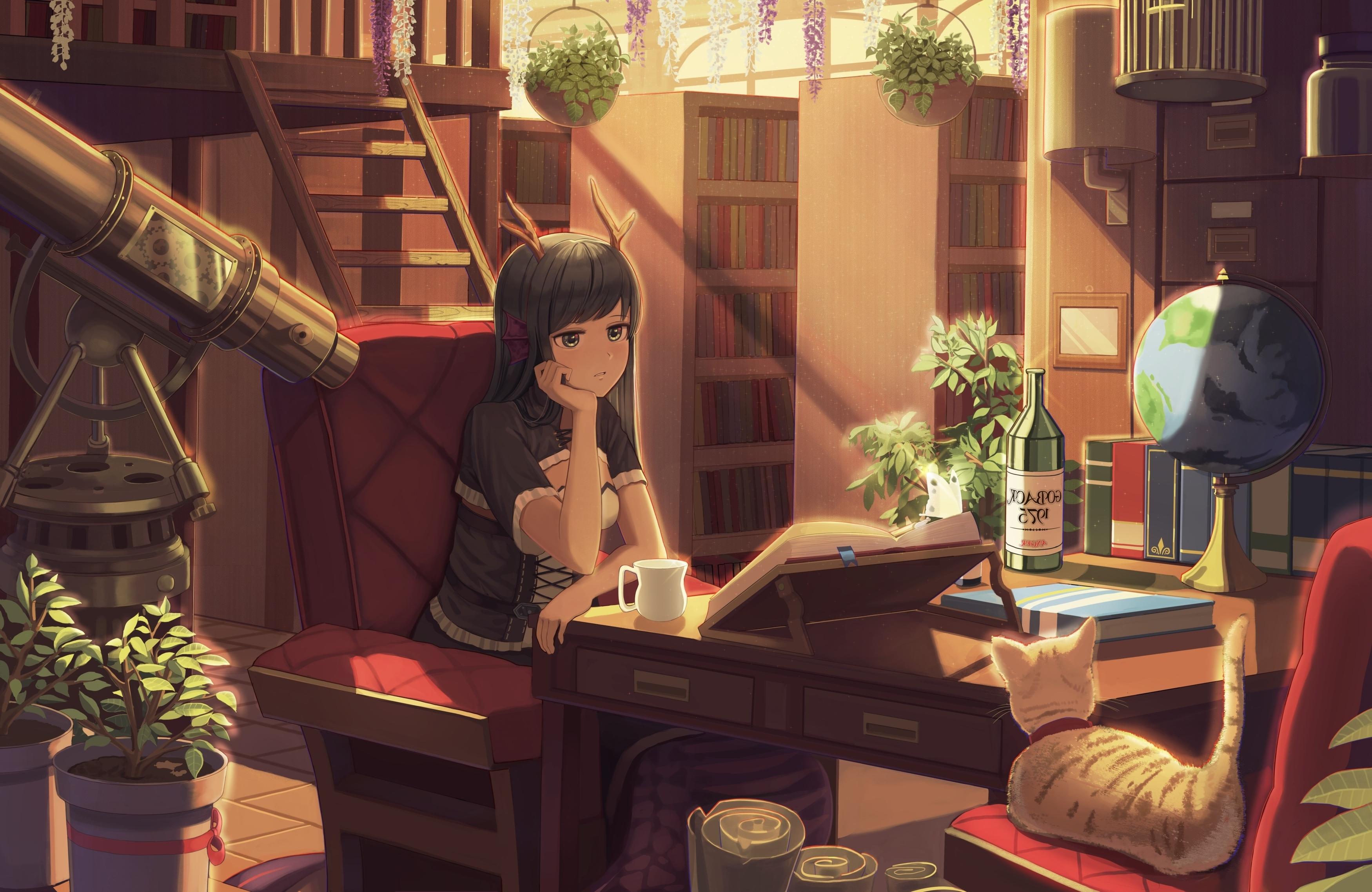 3500x2275 Wallpaper Books, Horns, Studying, Neko, Room, Library, Anime Girl:3500x2275