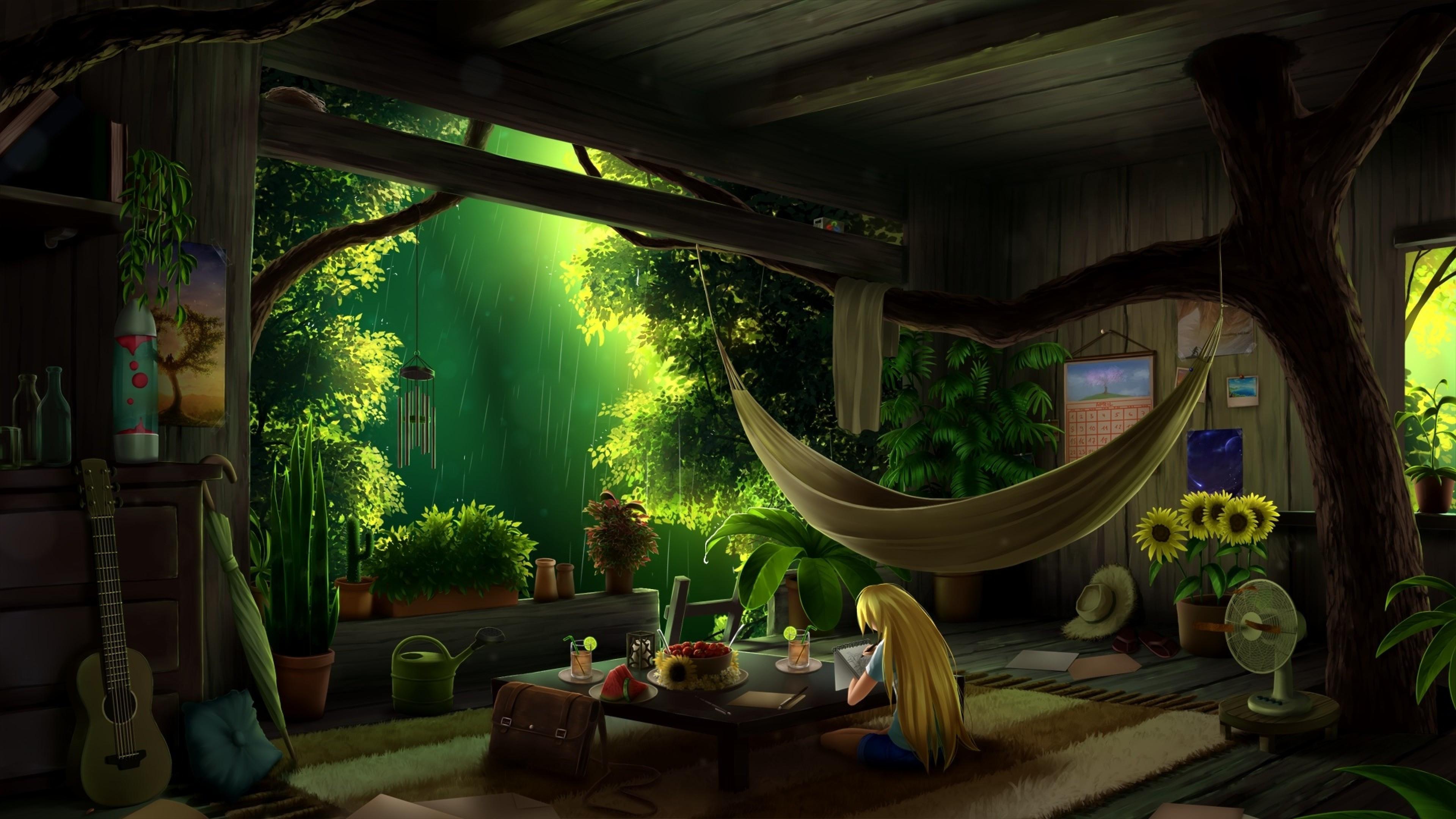 3840x2160 Download 3840x2160 Anime Girl, Botanical Room, Studying, Raining, Tree, Blonde, Mood Wallpaper for UHD TV