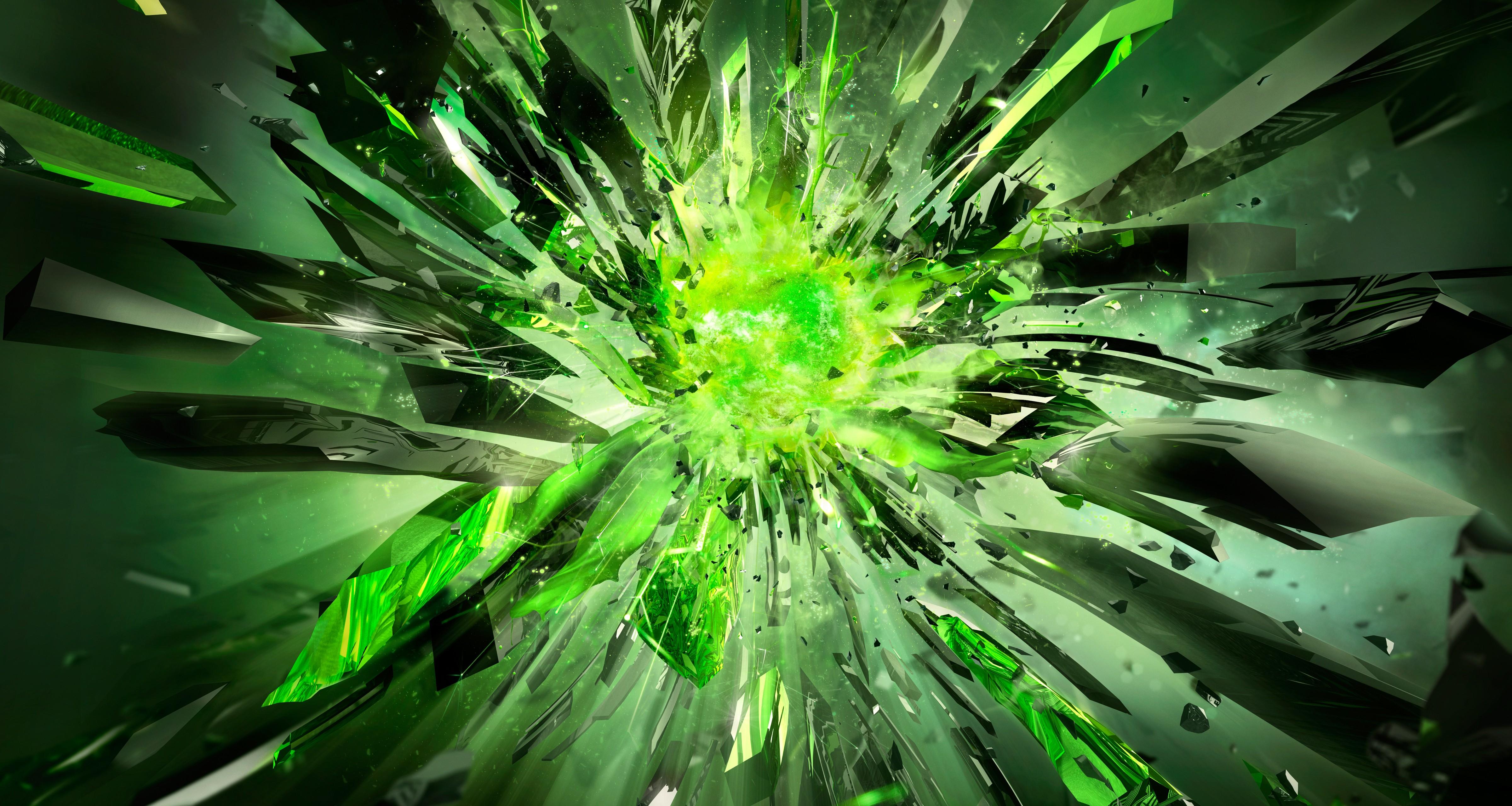 4800x2560 #green, #artwork, #shapes, #Nvidia, #explosion, #digital art, wallpaper. Mocah HD Wallpaper