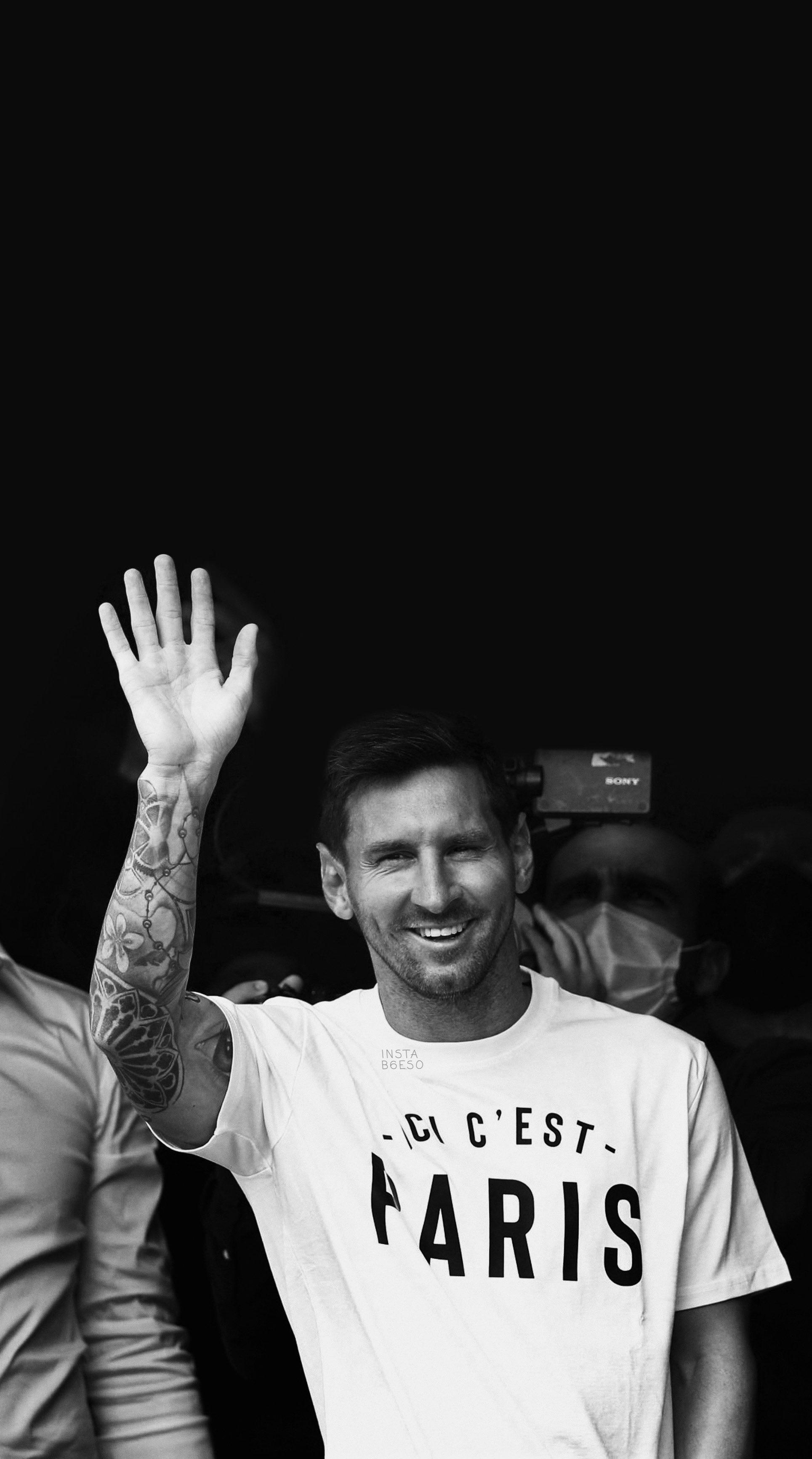1929x3464 Black and White Messi PSG Phone wallpaper
