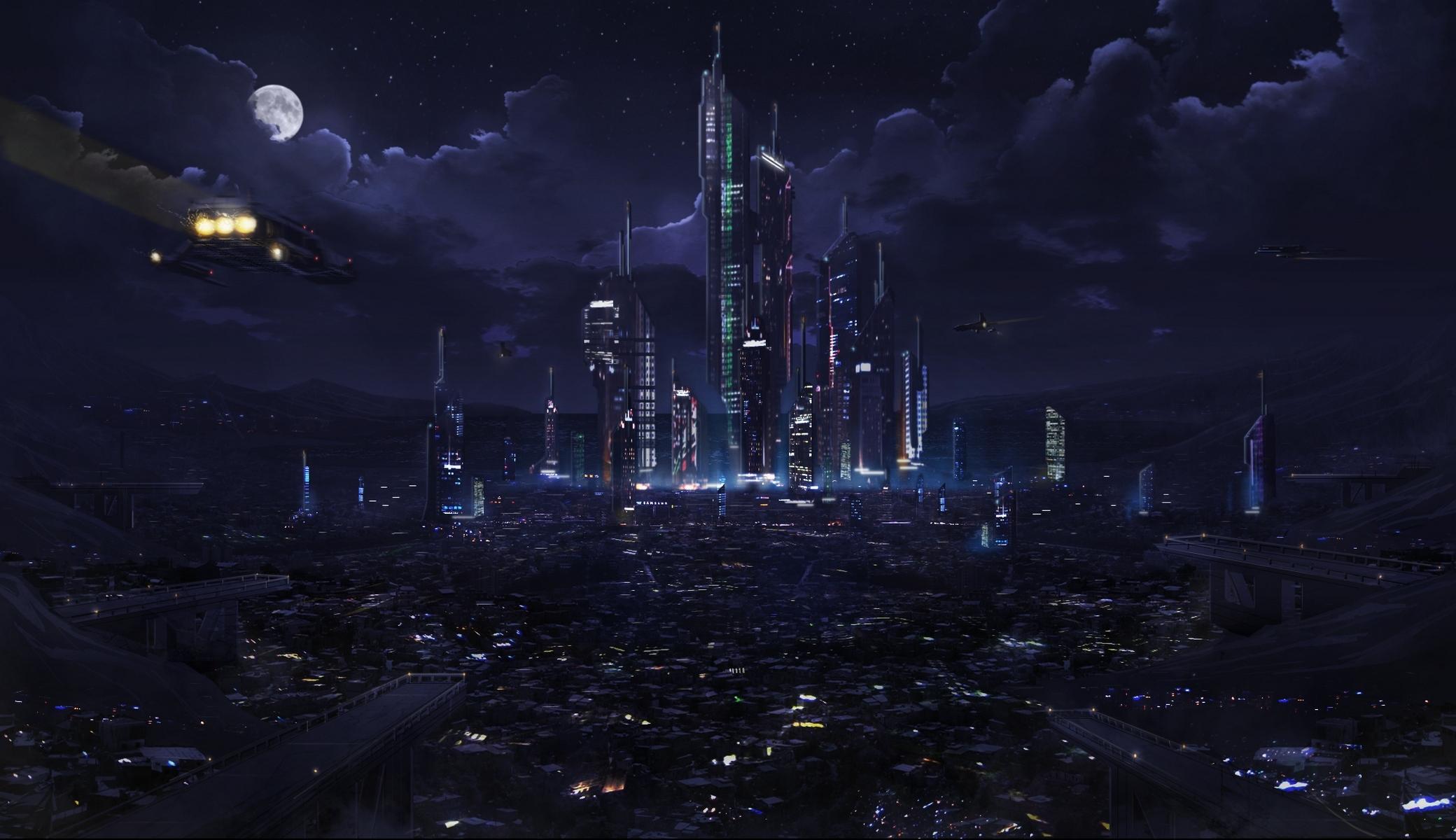 2080x1200 Download wallpaper clouds, night, city, the city, lights, lights, future, fiction, The moon, future, Moon, fantasy, sky, night, clouds, spaceships, section fantasy in resolution 2080x1200