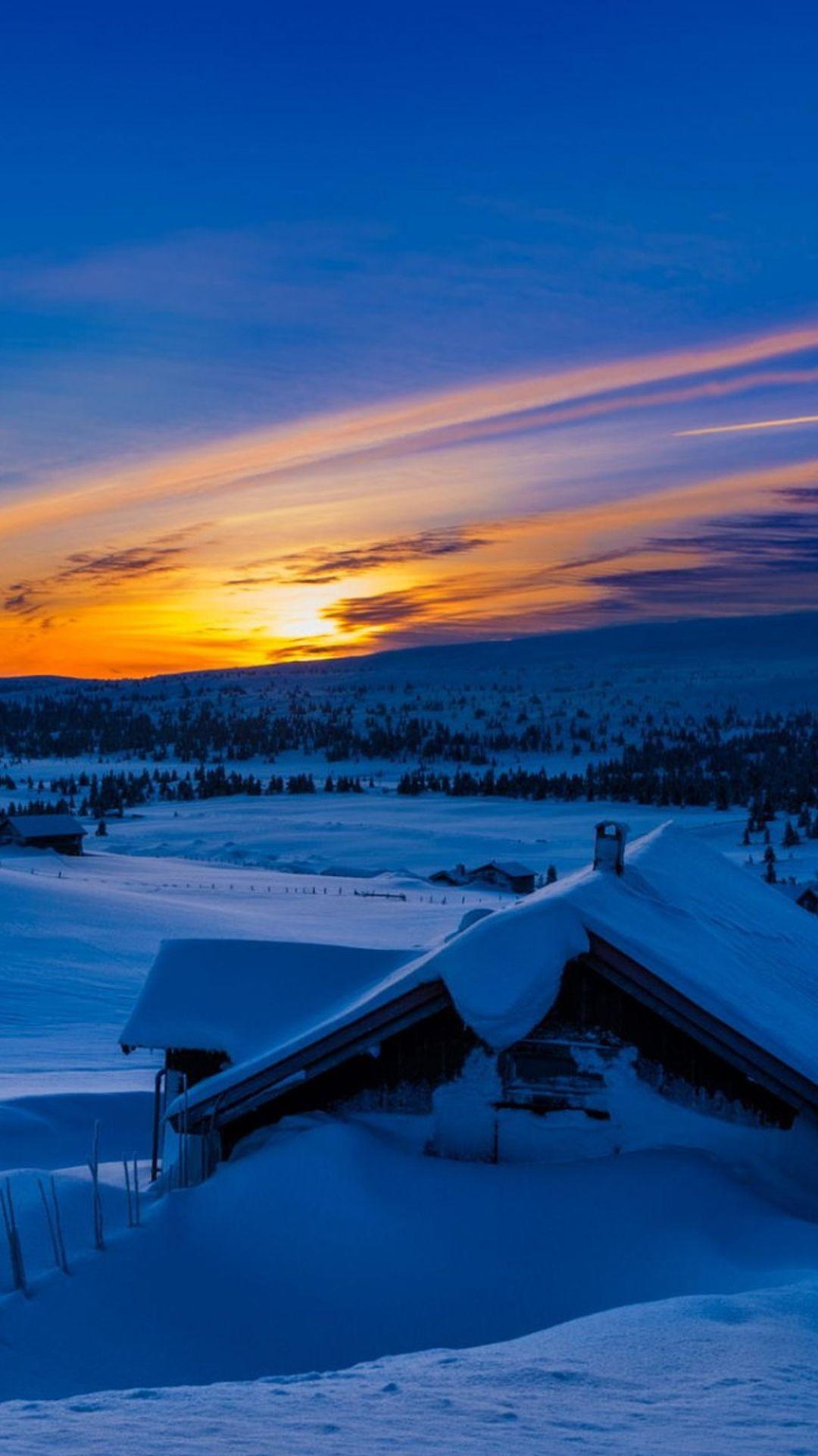 1080x1920 Beautiful Sunset Winter Chalet Snow iPhone 6 Plus HD
