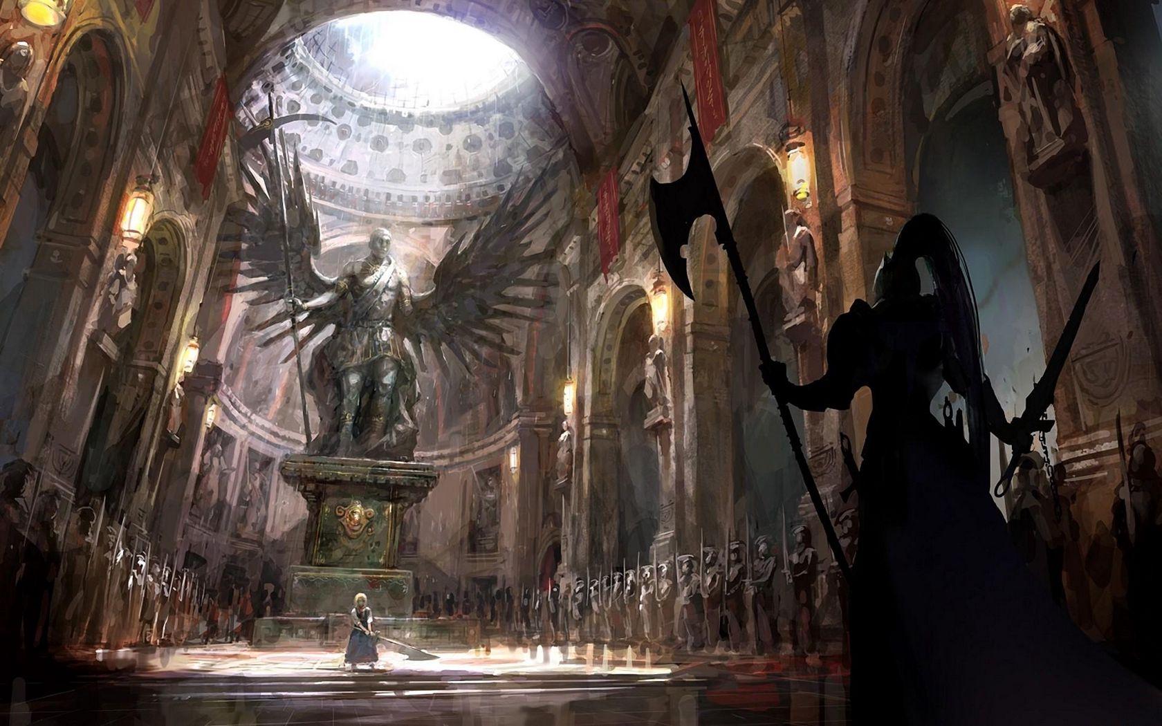 1680x1050 Download wallpaper 1680x1050 castle, hall, warriors, fight widescreen 16:10 HD background