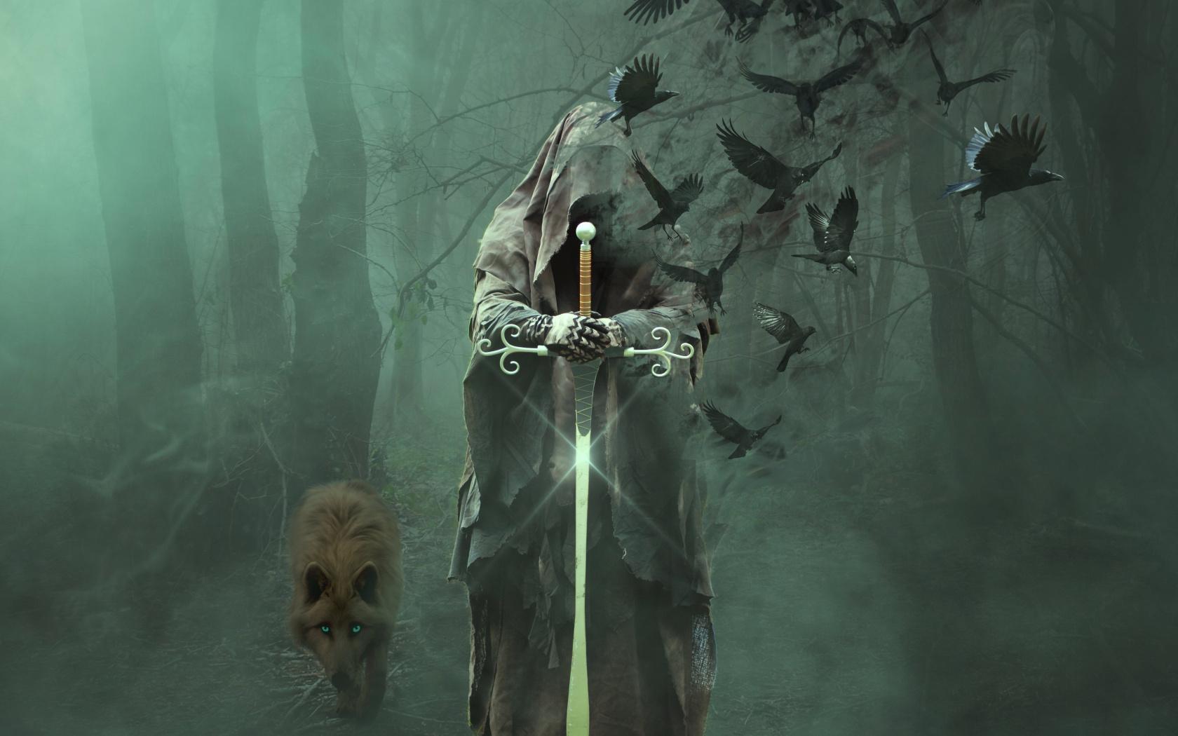 1680x1050 Download Magician, fantasy, wolf, warrior with sword wallpaper, 1680x Widescreen 16: Widescreen