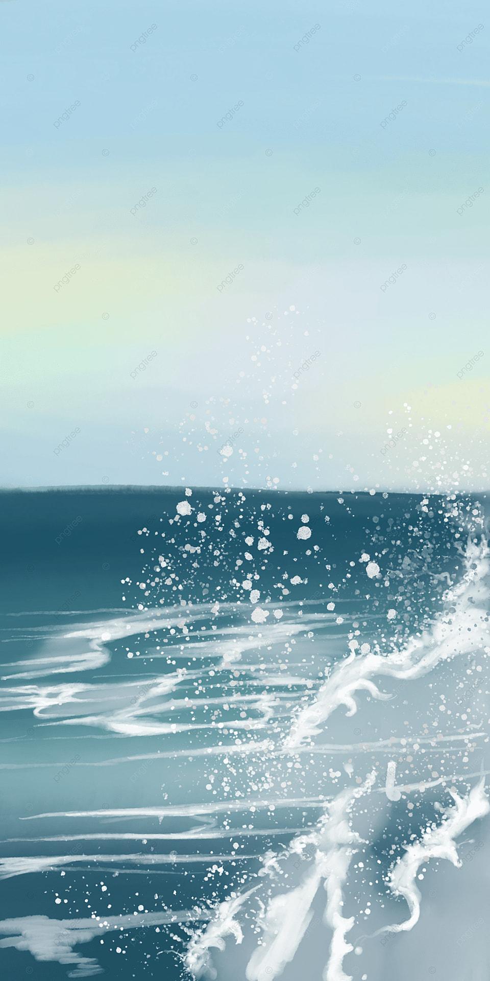 960x1920 Blue Sea Beautiful Watercolor Mobile Phone Wallpaper Background, Blue Sea Background, Waves Hit The Shore, The Sea And The Sky Are Clearly Demarcated Background Image for Free Download