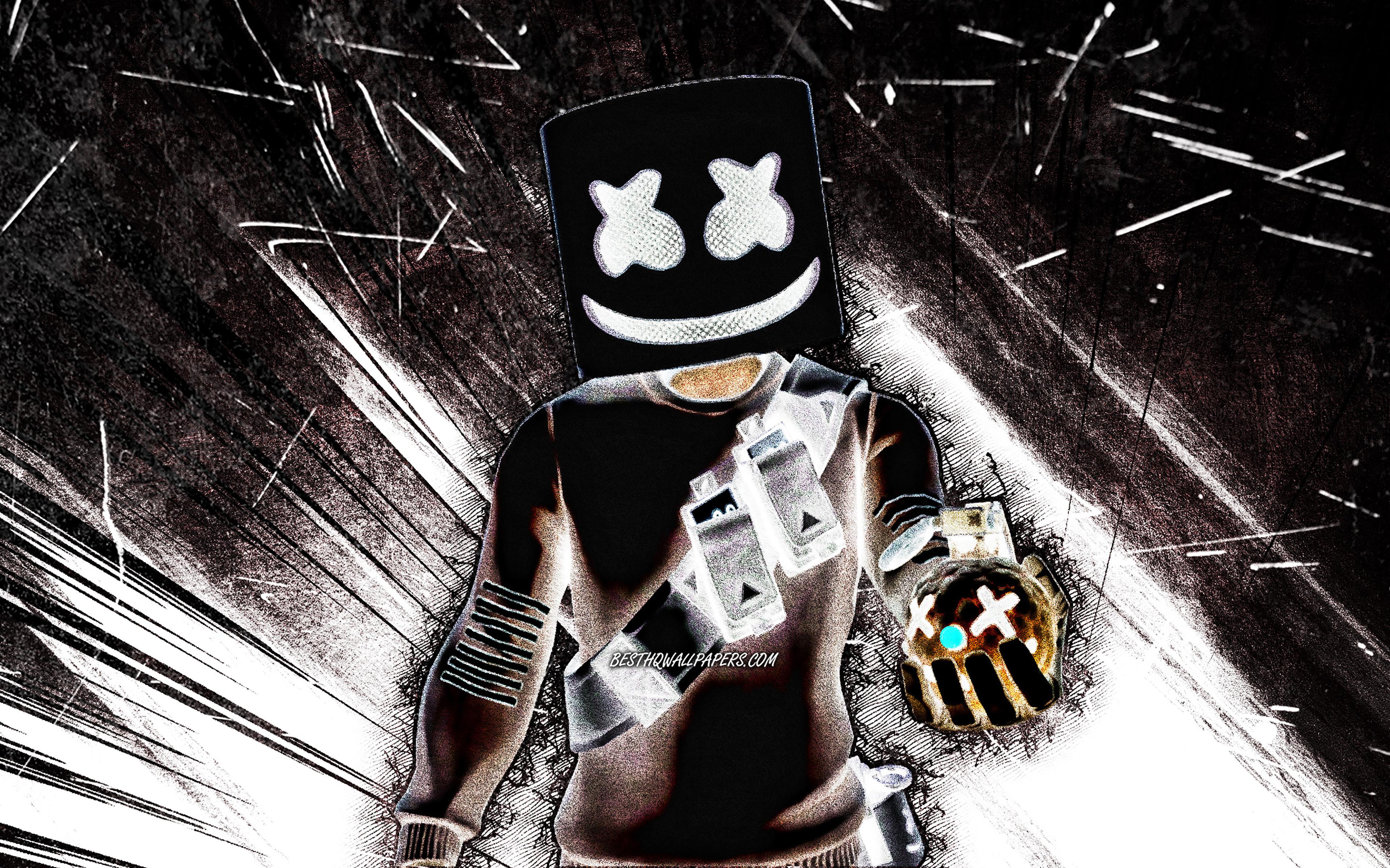 3840x2400 Download wallpaper 4k, Marshmello Skin, grunge art, Fortnite Battle Royale, black abstract rays, Fortnite characters, Marshmello, Fortnite, Marshmello Fortnite for desktop with resolution 3840x2400. High Quality HD picture wallpaper