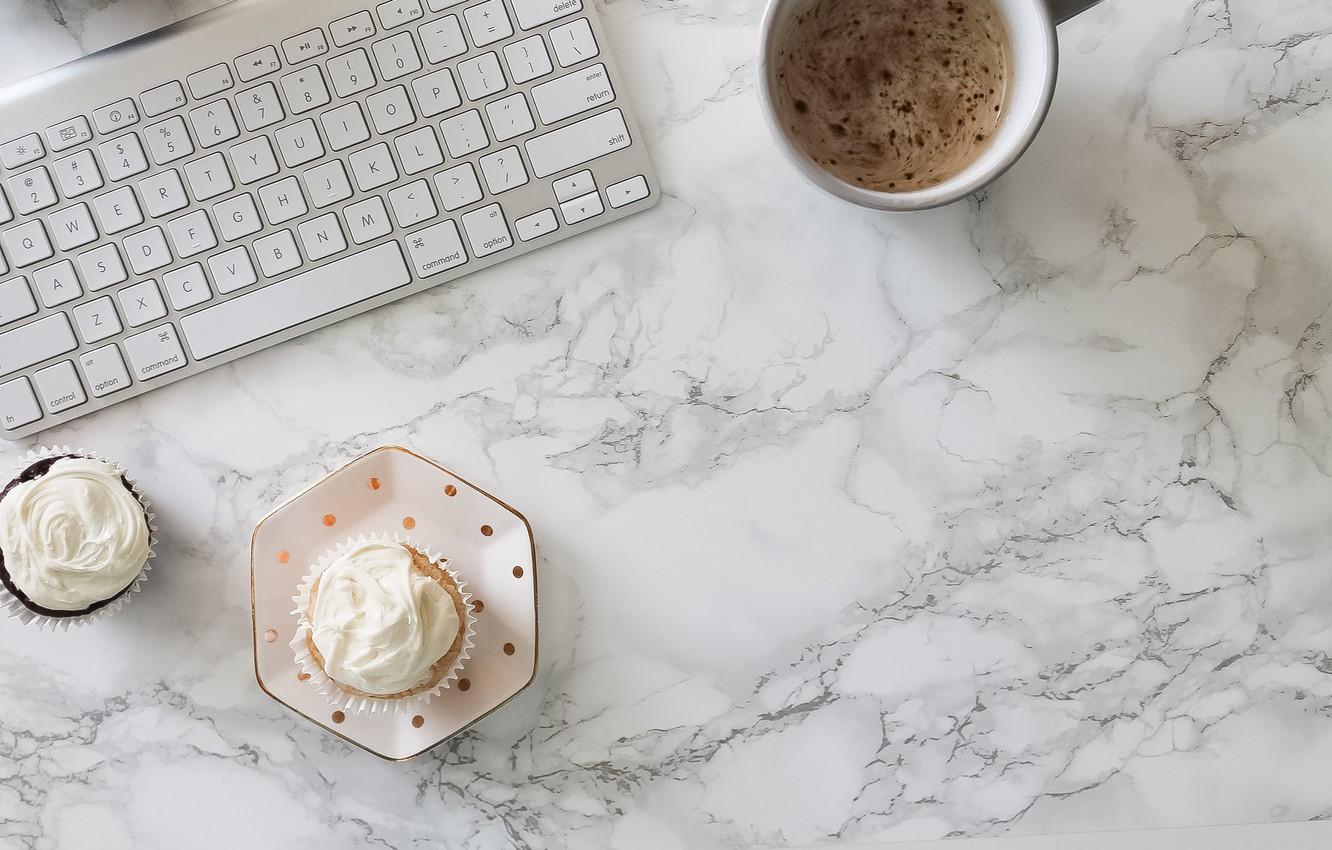 1332x850 Wallpaper coffee, keyboard, coffee cup, cupcake, cupcakes, keyboard, marble image for desktop, section минимализм