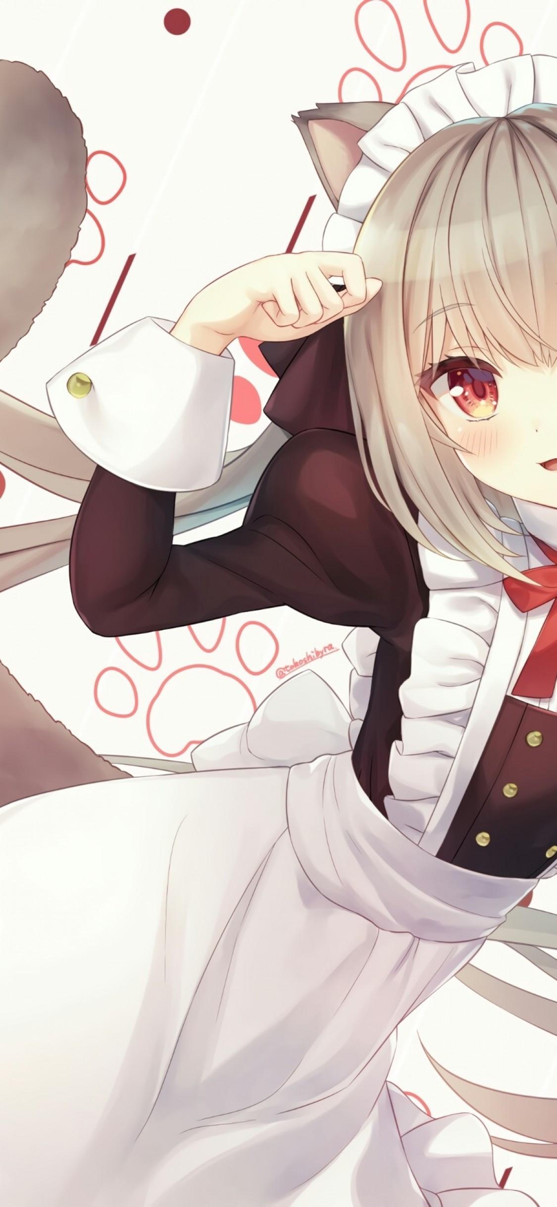 1125x2436 Download 1125x2436 Hanashiro Chill, Cute Anime Girl, Maid Outfit, Animal Ears, Nya Wallpaper for iPhone 11 Pro & X
