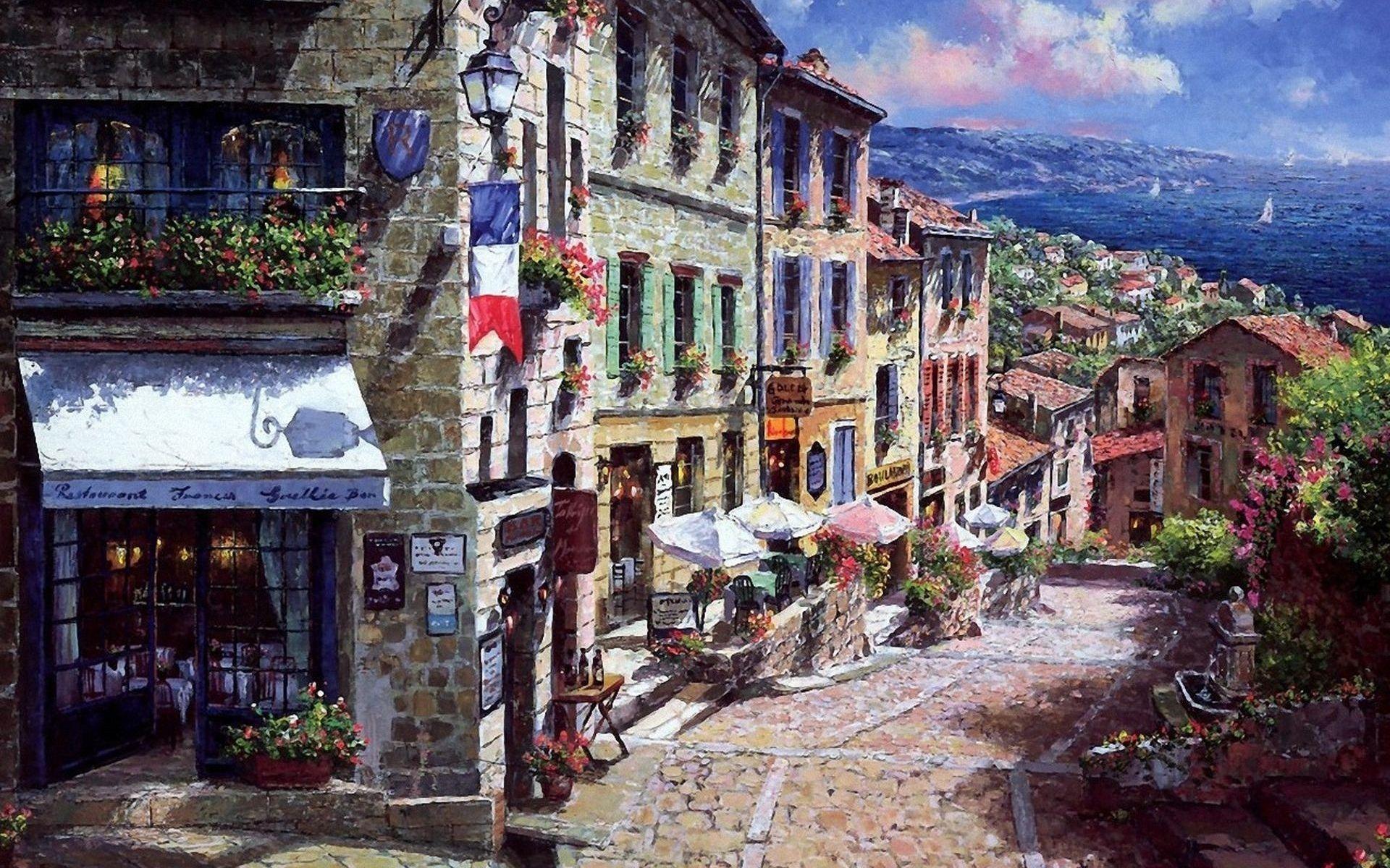 1920x1200 Old Town City Flowers Ocean desktop PC and Mac wallpaper